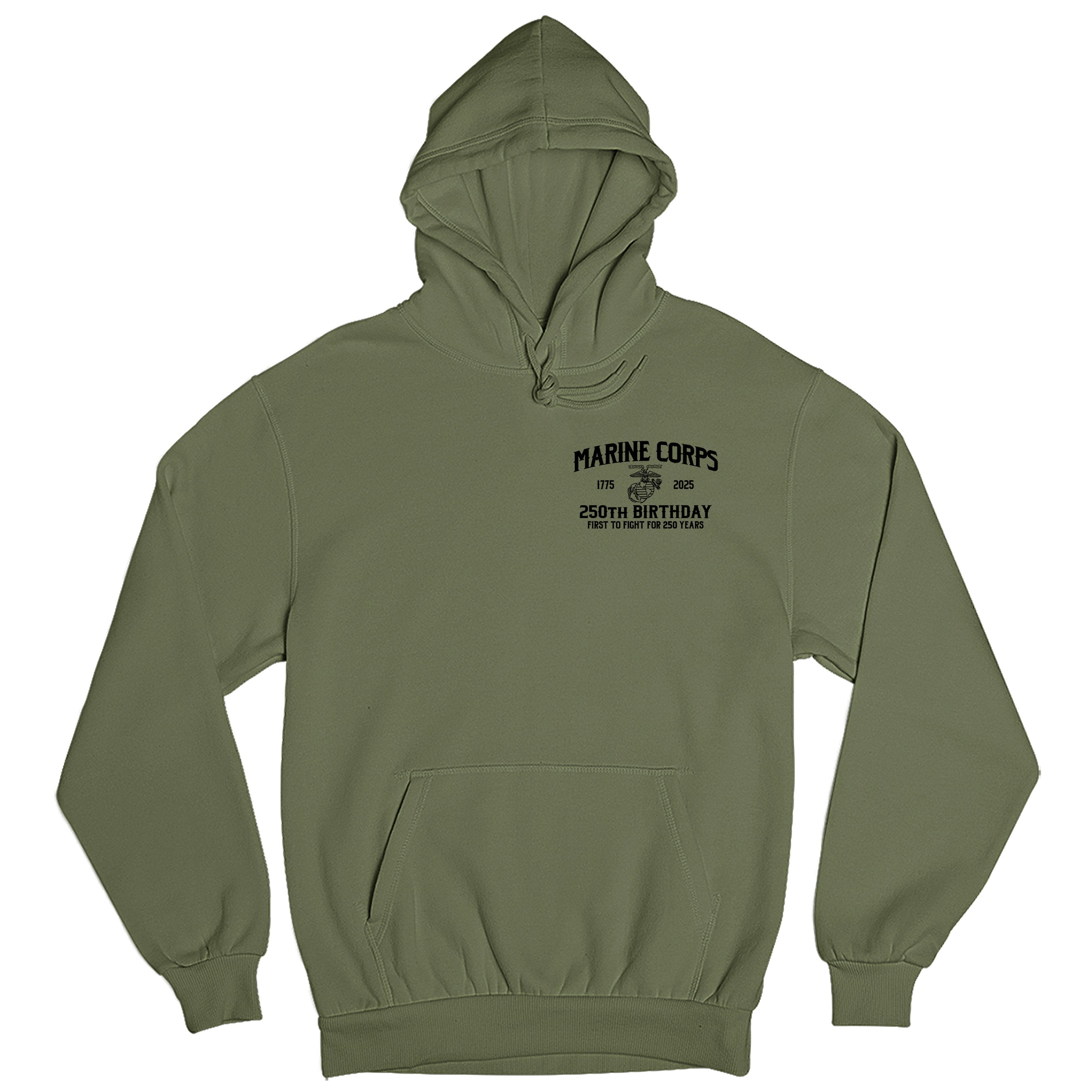 Green  Marine Corps 250th Birthday hoodie with Eagle, Globe, and Anchor Marine Corps 250th Birthday chest seal 