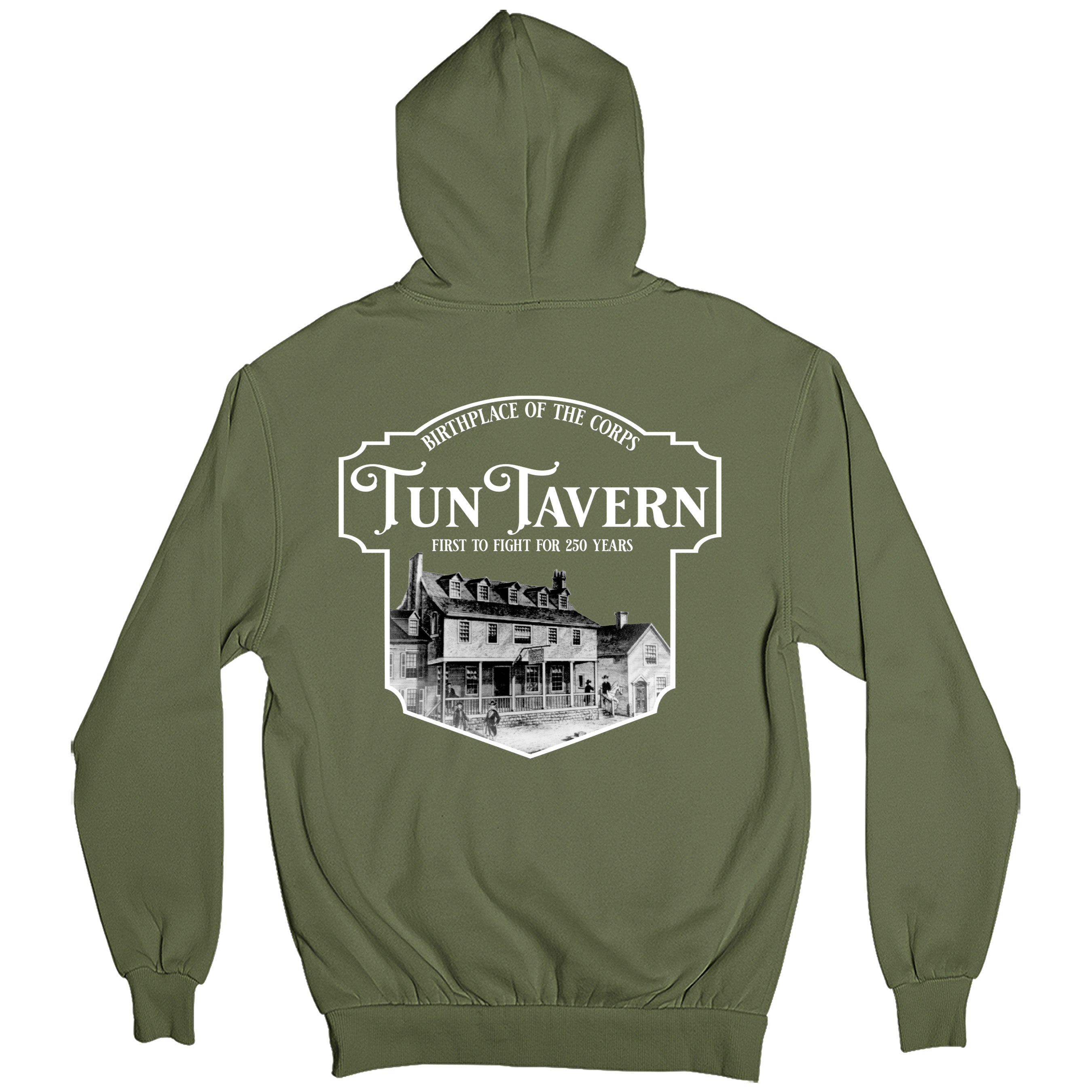USMC 250th Birthday hoodie featuring  Tun Tavern illustration with text 'Birthplace of the Corps – Tun Tavern – First to Fight for 250 Years