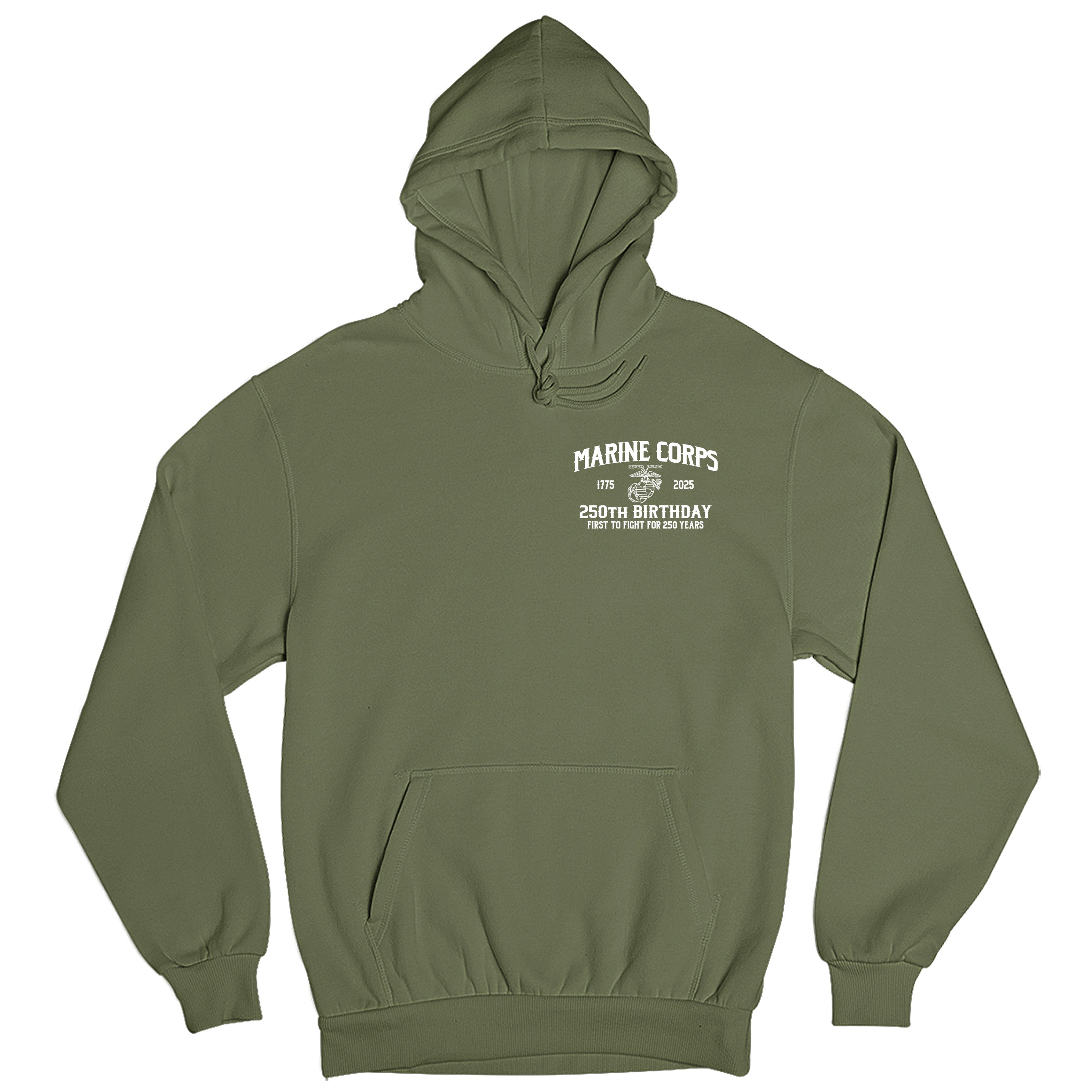 USMC 250th Birthday hoodie featuring front chest print with 'Marine Corps 1775–2025 250th Birthday' 