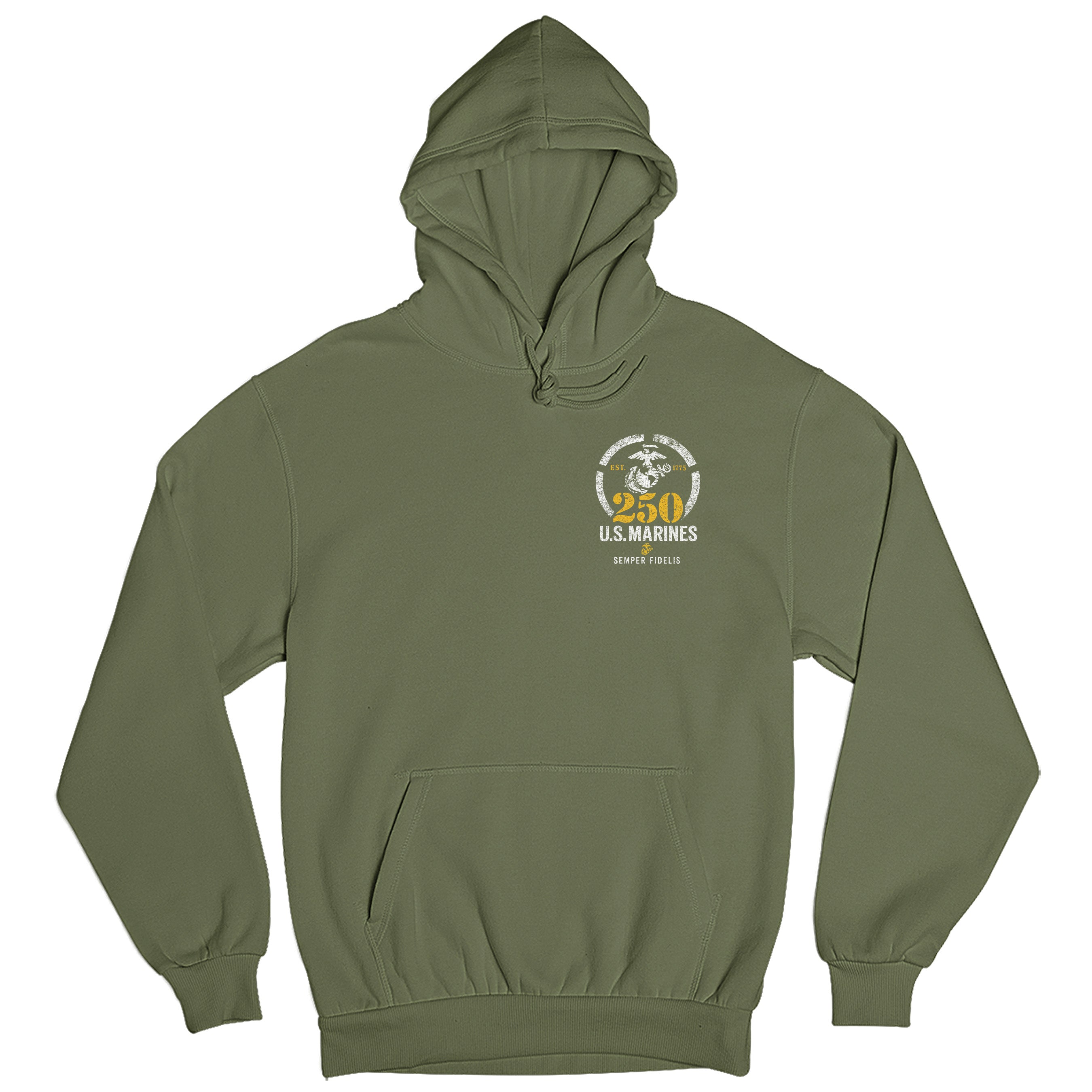 USMC 250th Birthday hoodie with front chest Eagle, Globe, and Anchor featuring a distressed EGA inside a circle, bold gold '250,' 'U.S. Marines,' and motto 'Semper Fidelis' with 'Est. 1775' text