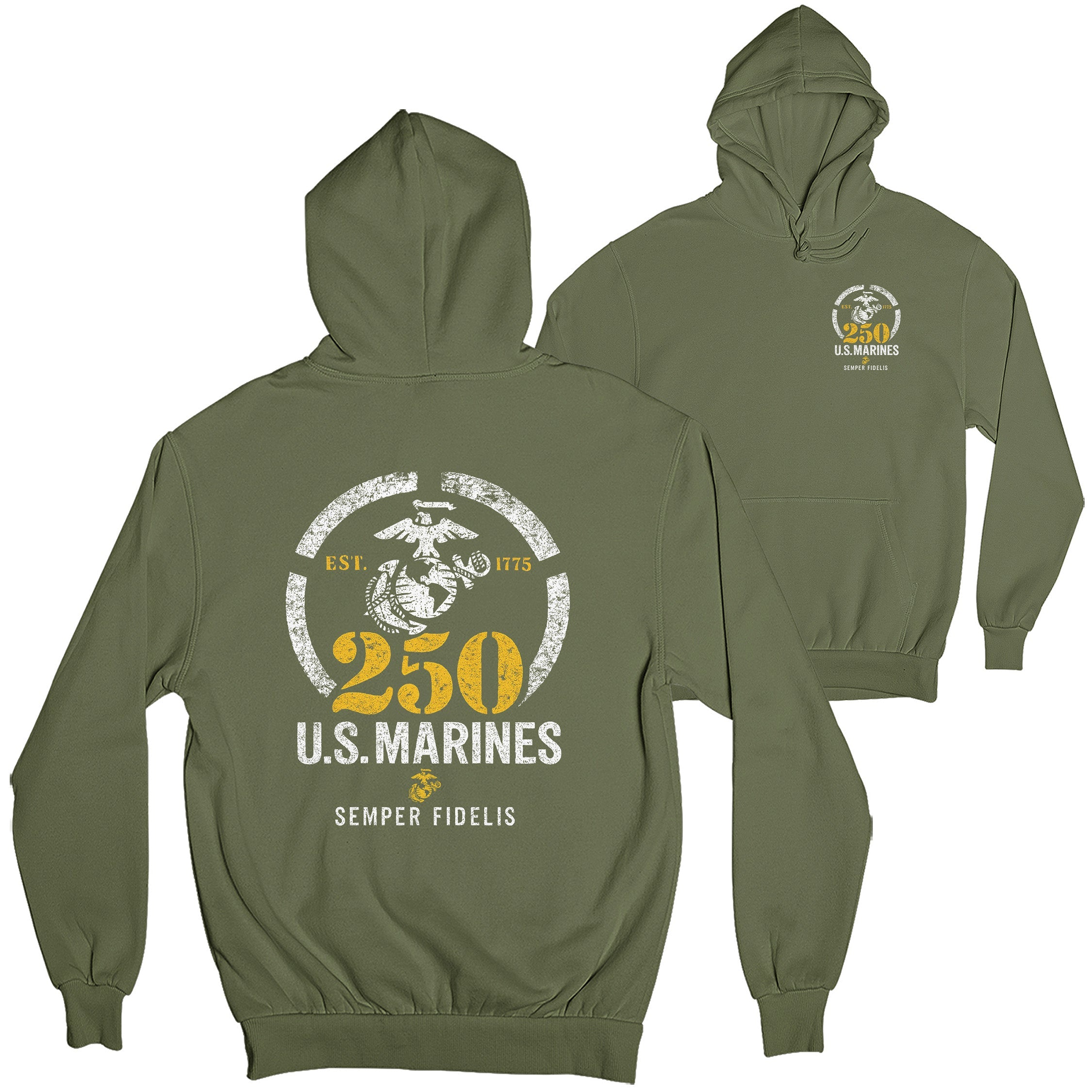 USMC 250th Birthday hoodie with chest Eagle, Globe, and Anchor featuring a distressed EGA inside a circle, bold gold '250,' 'U.S. Marines,' and motto 'Semper Fidelis' with 'Est. 1775' text