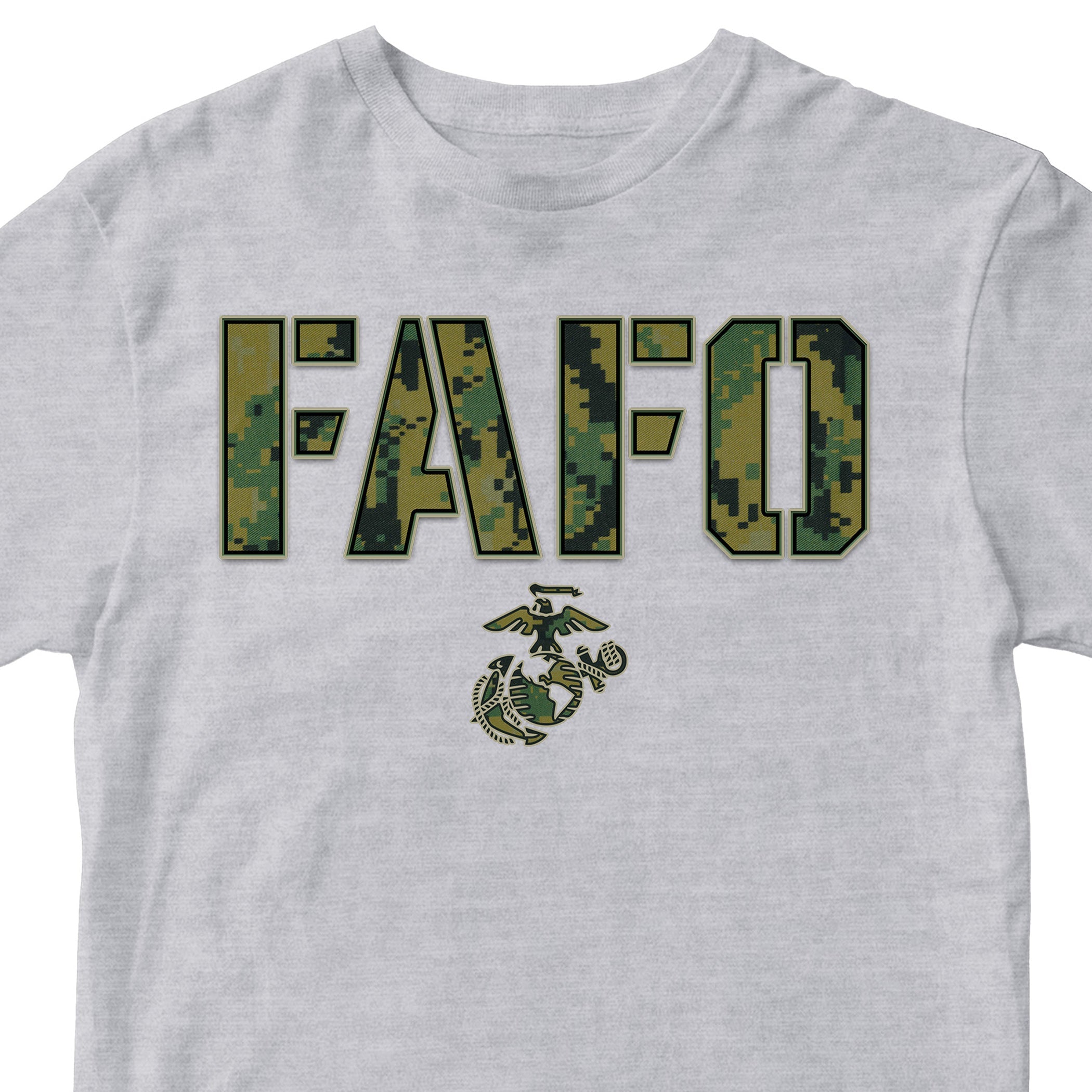 Gray FAFO camo T-shirt with digital camouflage lettering and Eagle Globe and Anchor