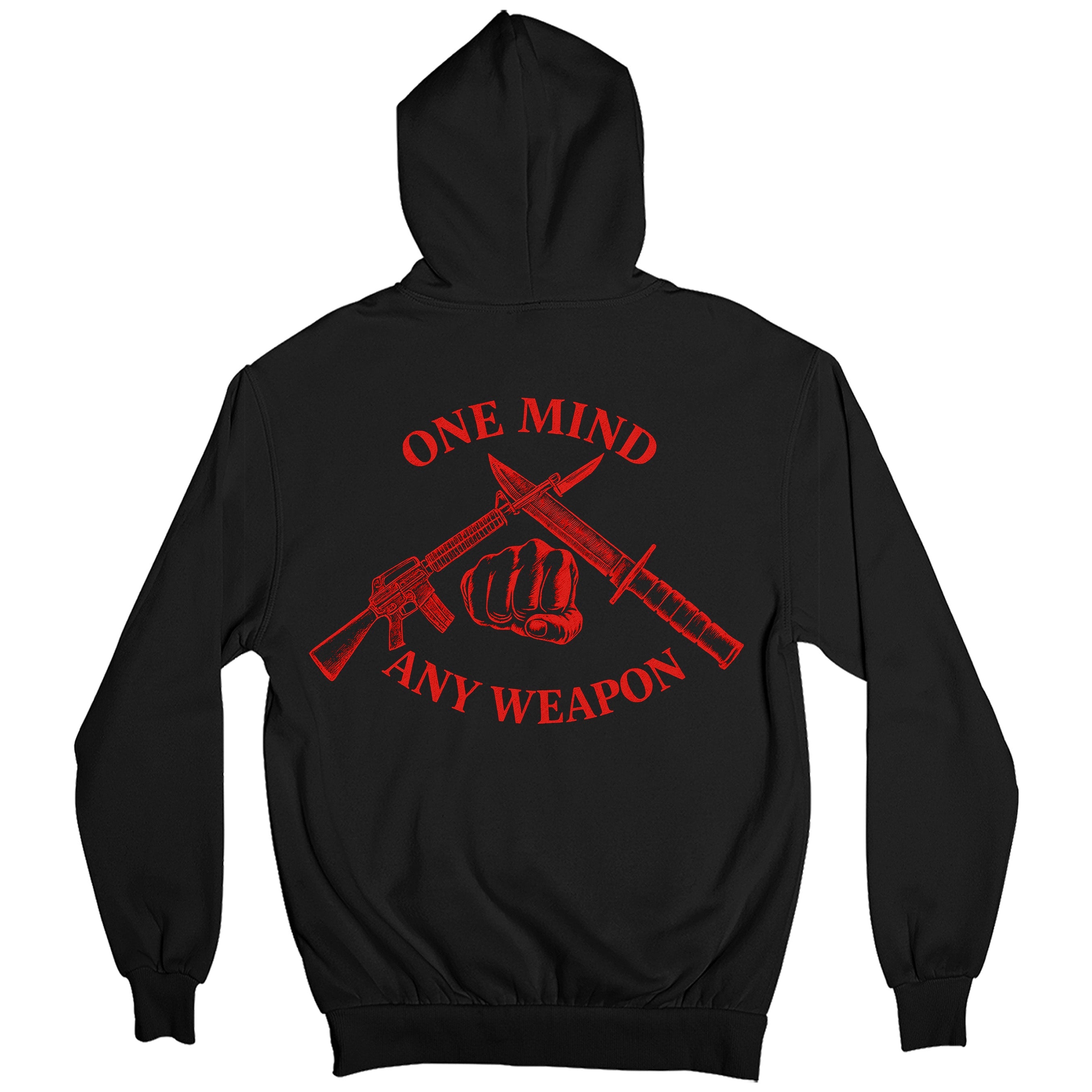 Black Marines Fight Club Hoodie with back graphic reading ‘One Mind Any Weapon’ with crossed riffle and knife and clenched fist.