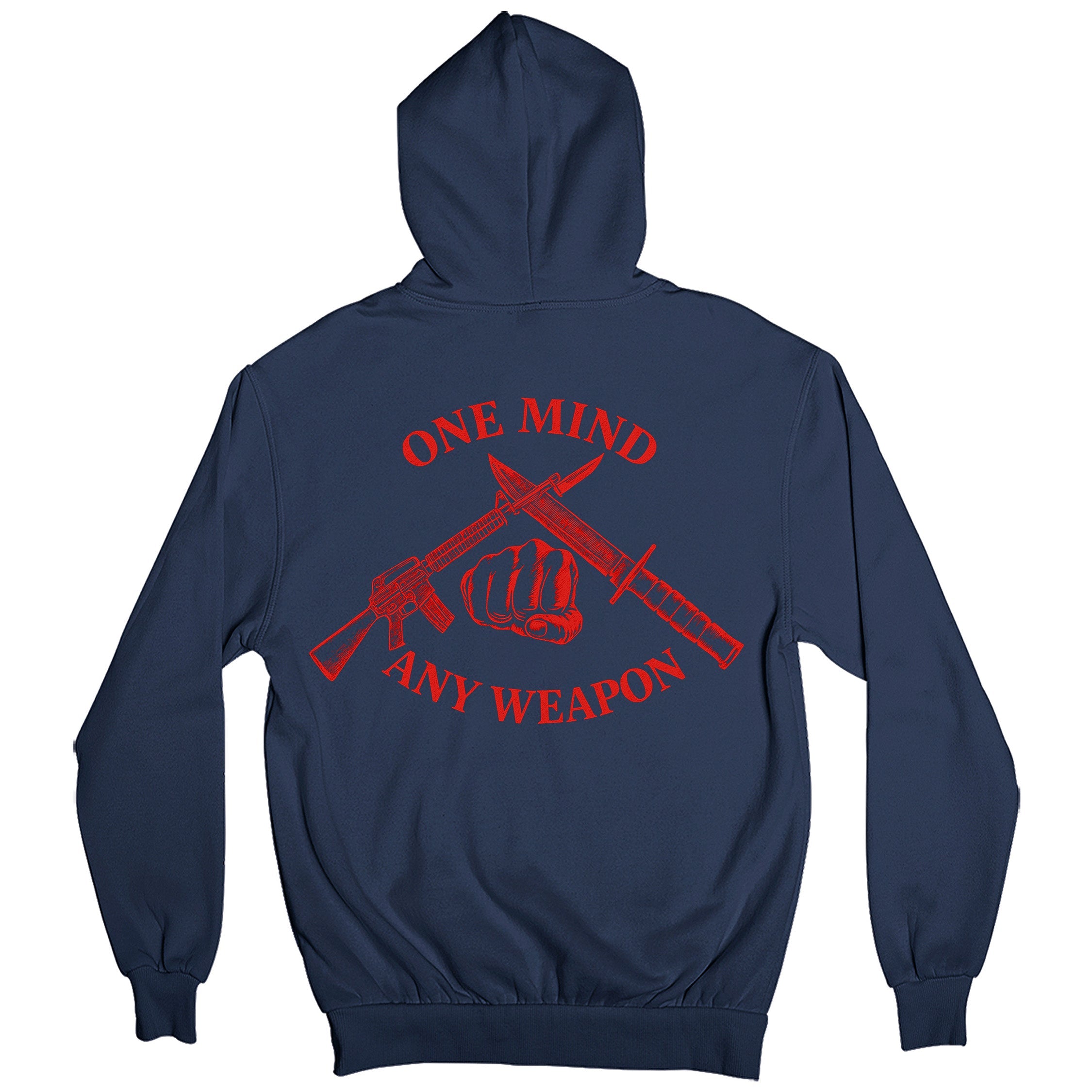 Navy Blue Marines Fight Club Hoodie with back graphic reading ‘One Mind Any Weapon’ with crossed riffle and knife and clenched fist.