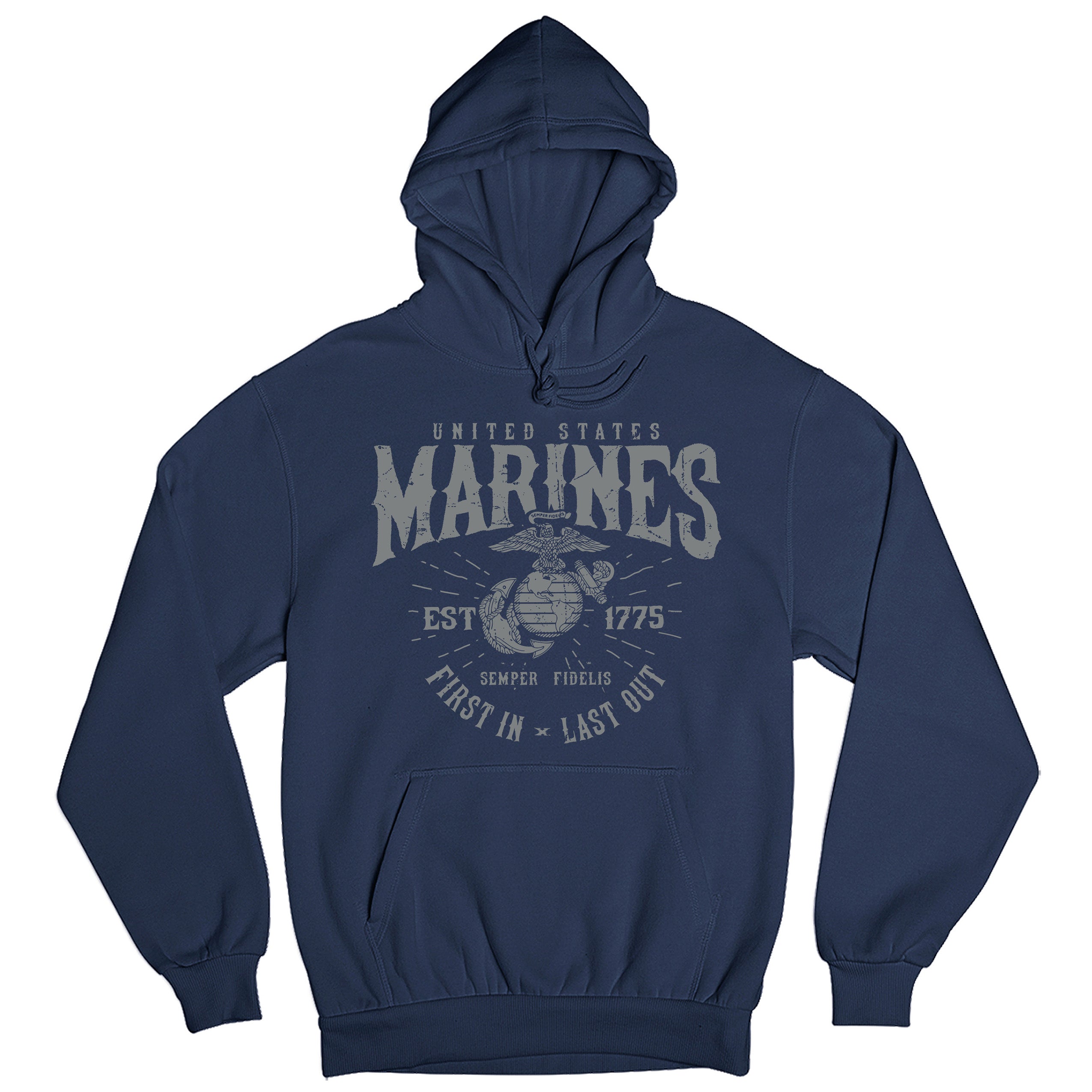 Marines First In Last Out Navy Hoodie