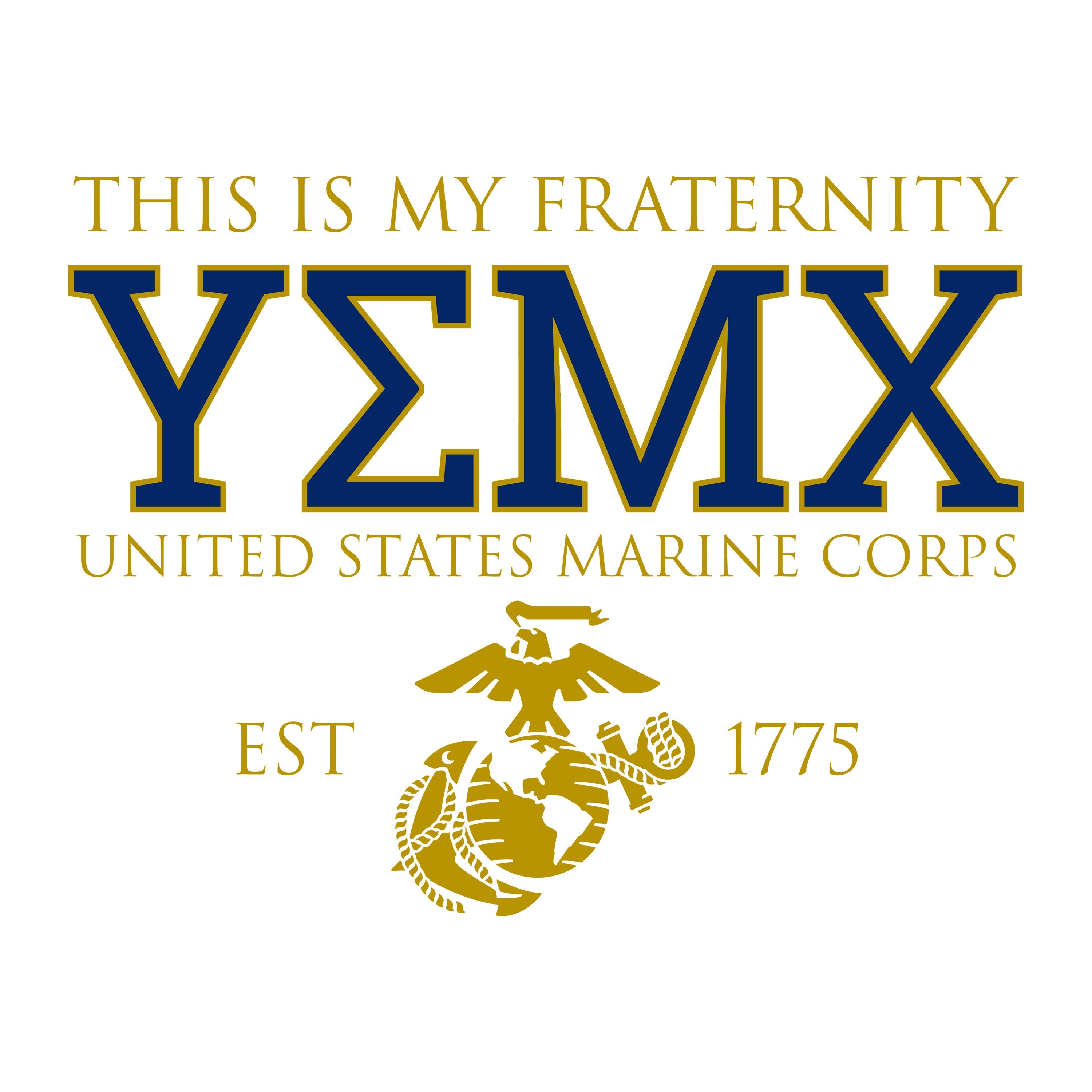 Black USMC fraternity-style T-shirt with Greek letters YMEX on the front and MCRD Parris Island back graphic featuring the South Carolina outline with crescent and palmetto