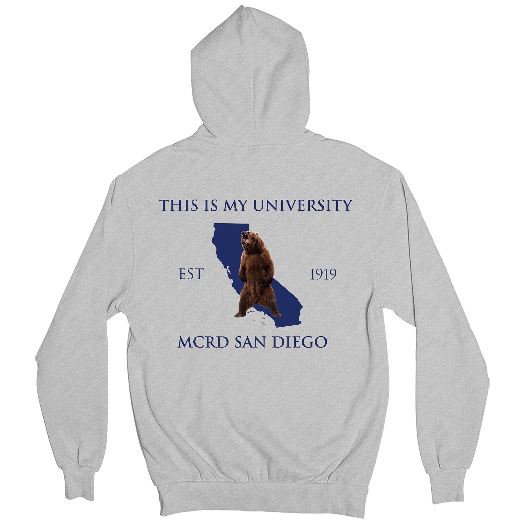 Gray USMC fraternity Hoodie with San Diego back graphic featuring the California outline with star.