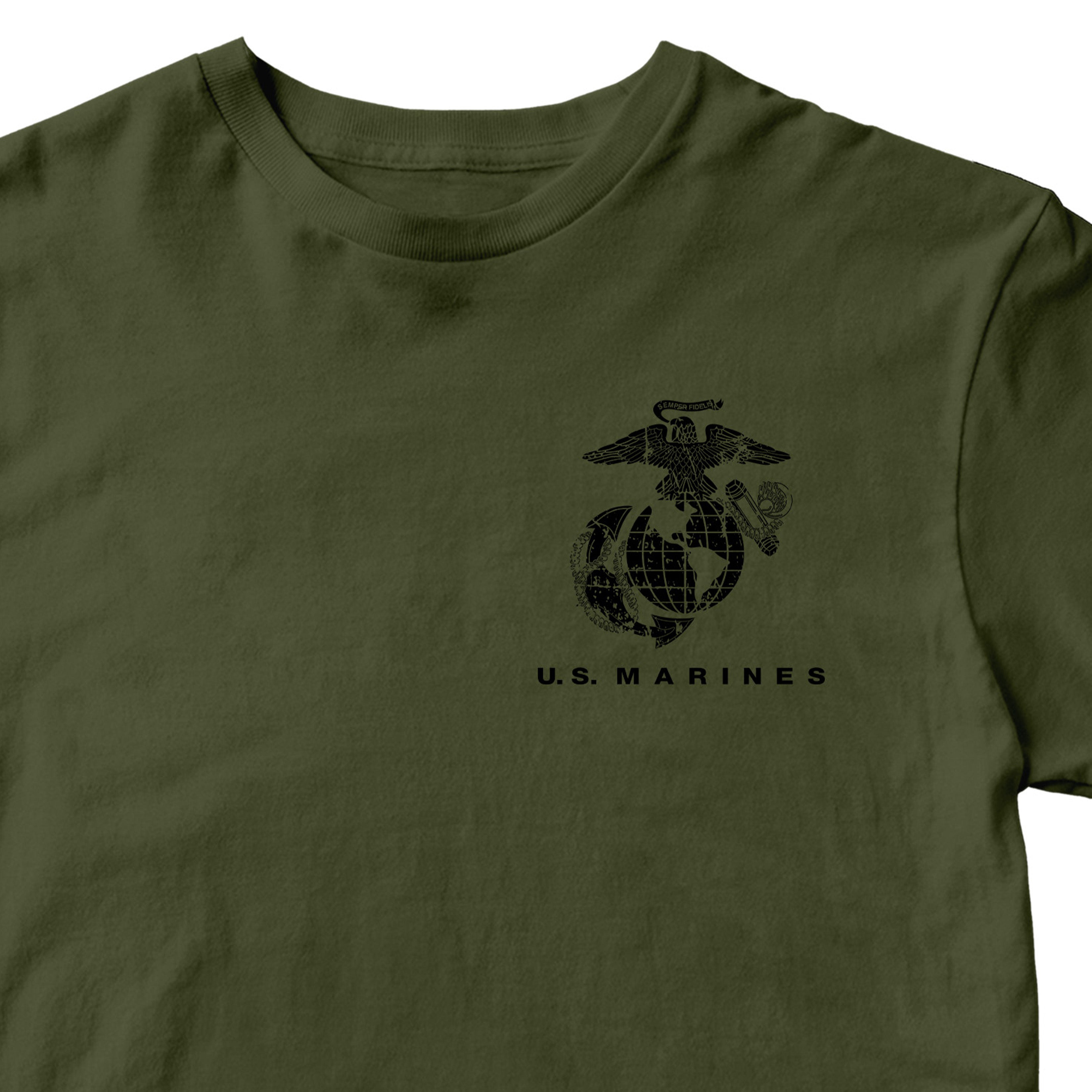 Green USMC t-shirt with Eagle Globe Anchor chest emblem