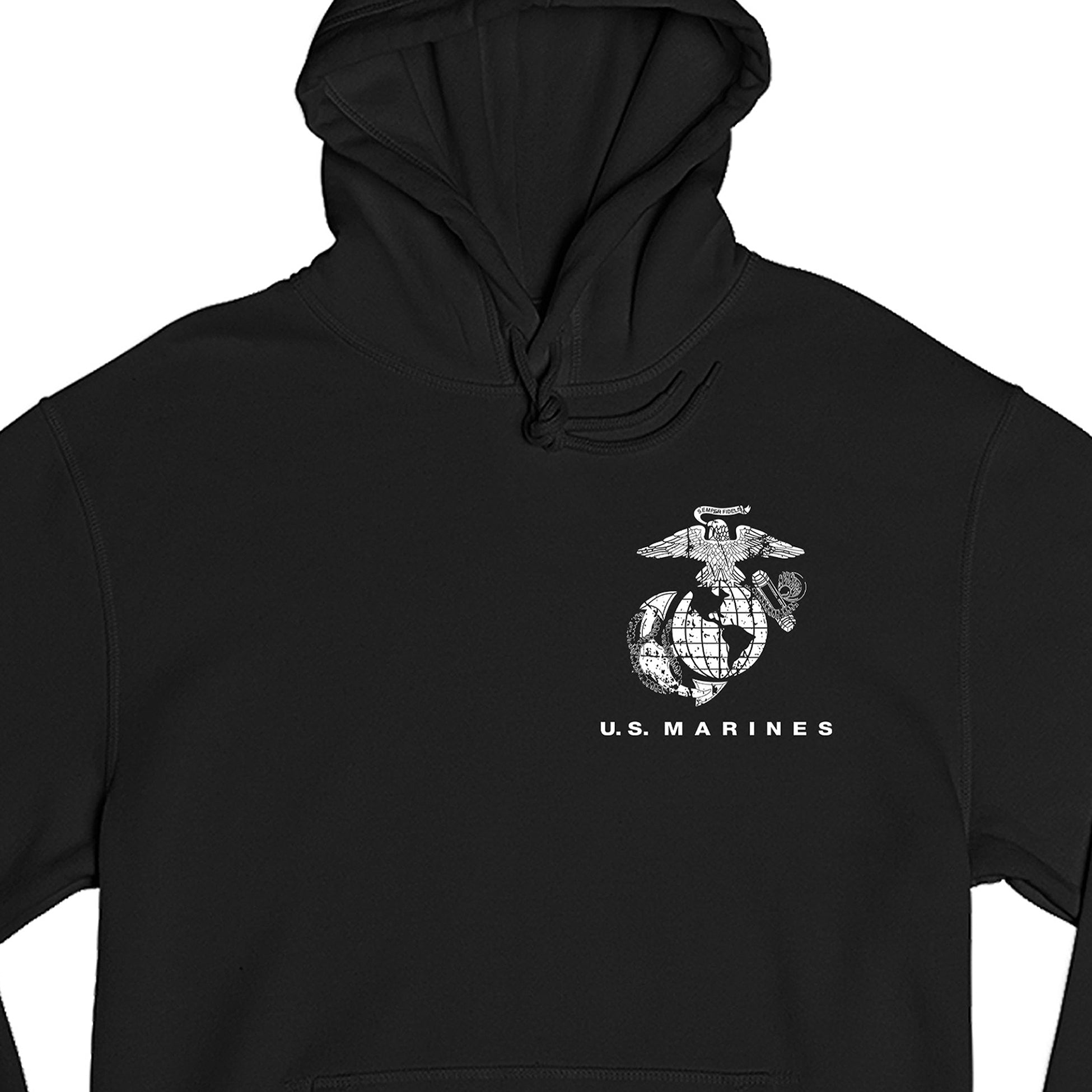 Black USMC hoodie with Eagle Globe Anchor chest emblem