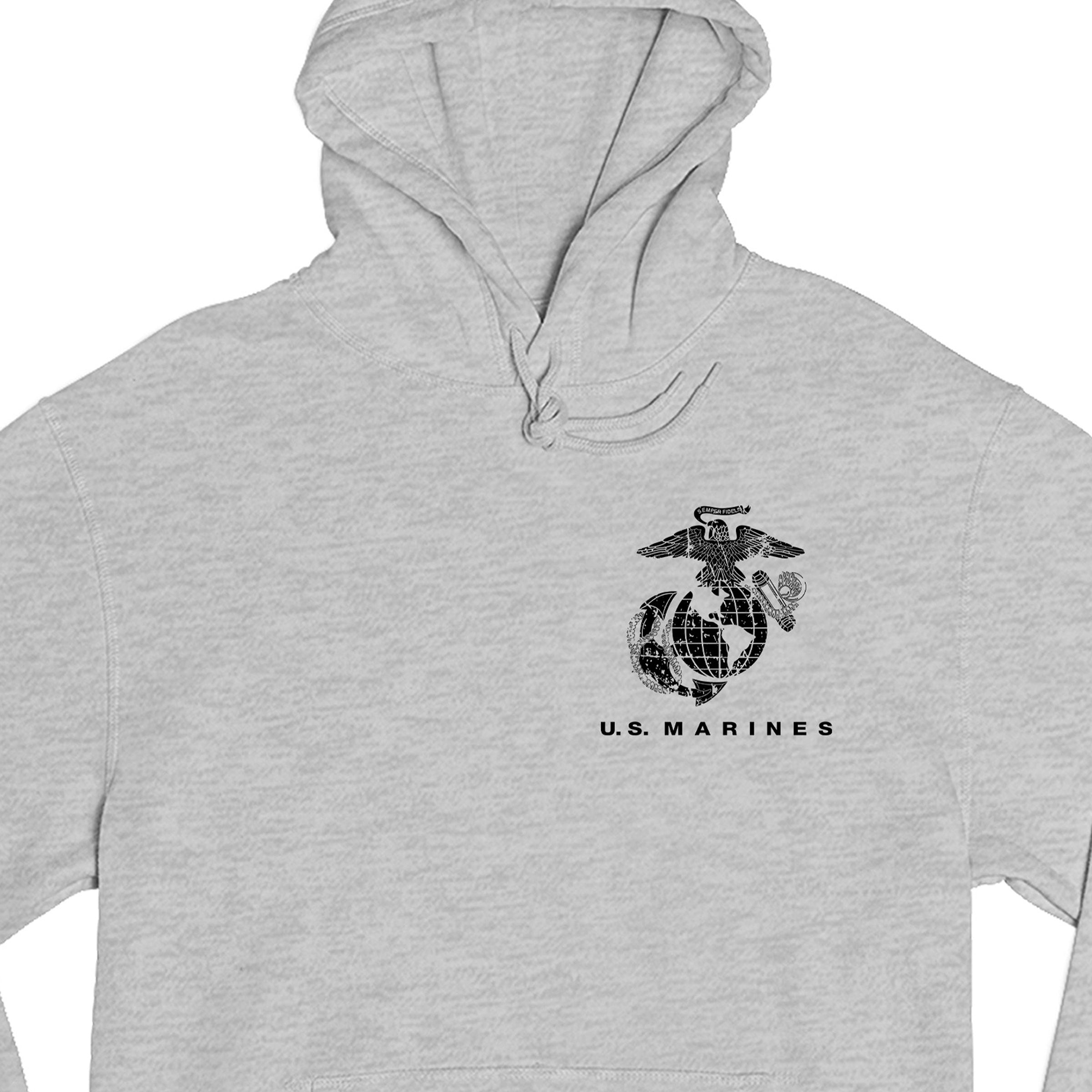 Gray USMC hoodie with Eagle Globe Anchor chest emblem