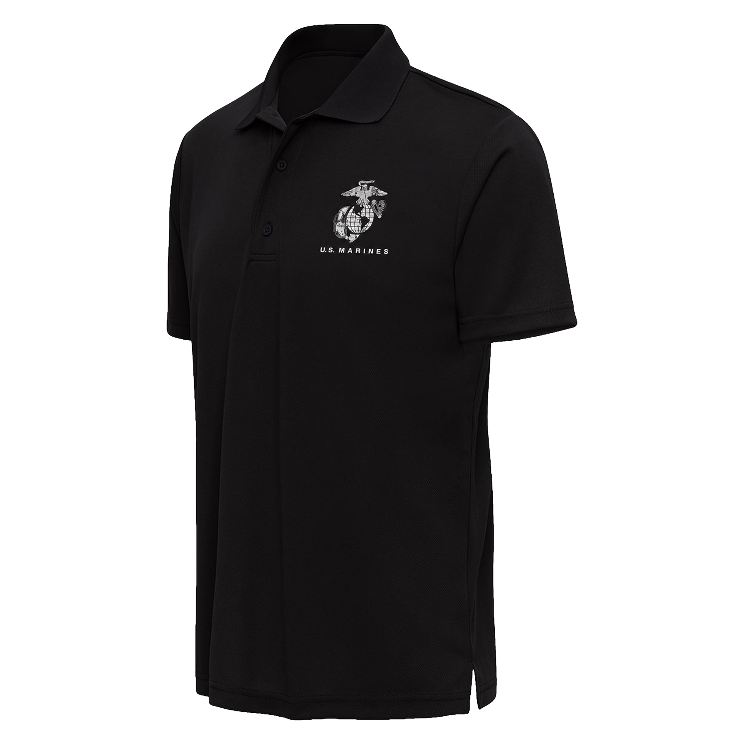 Black USMC performance polo with white distressed Eagle, Globe & Anchor and U.S. Marines left-chest print. Marines Polo