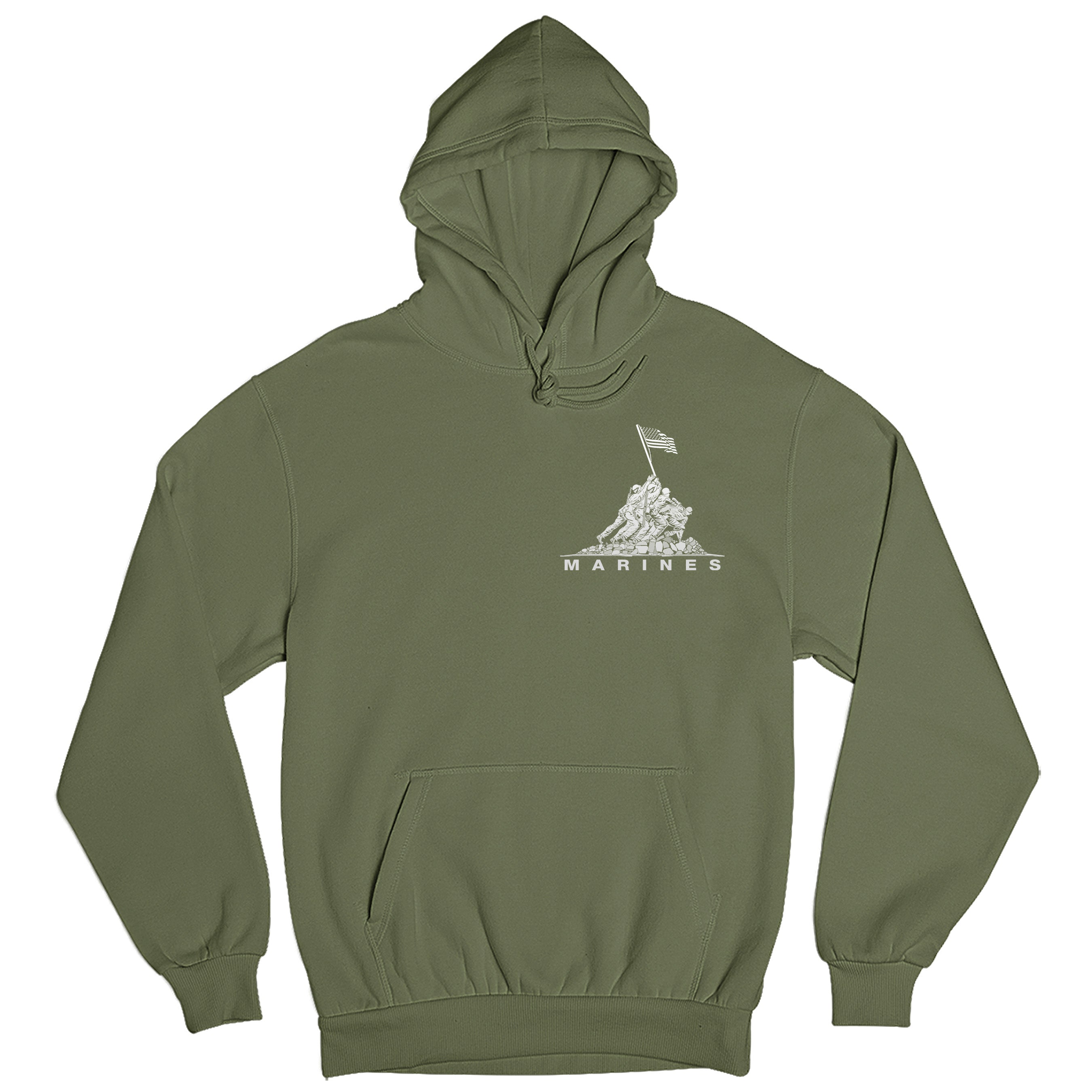 Green USMC hoodie with Iwo Jima flag raising chest graphic