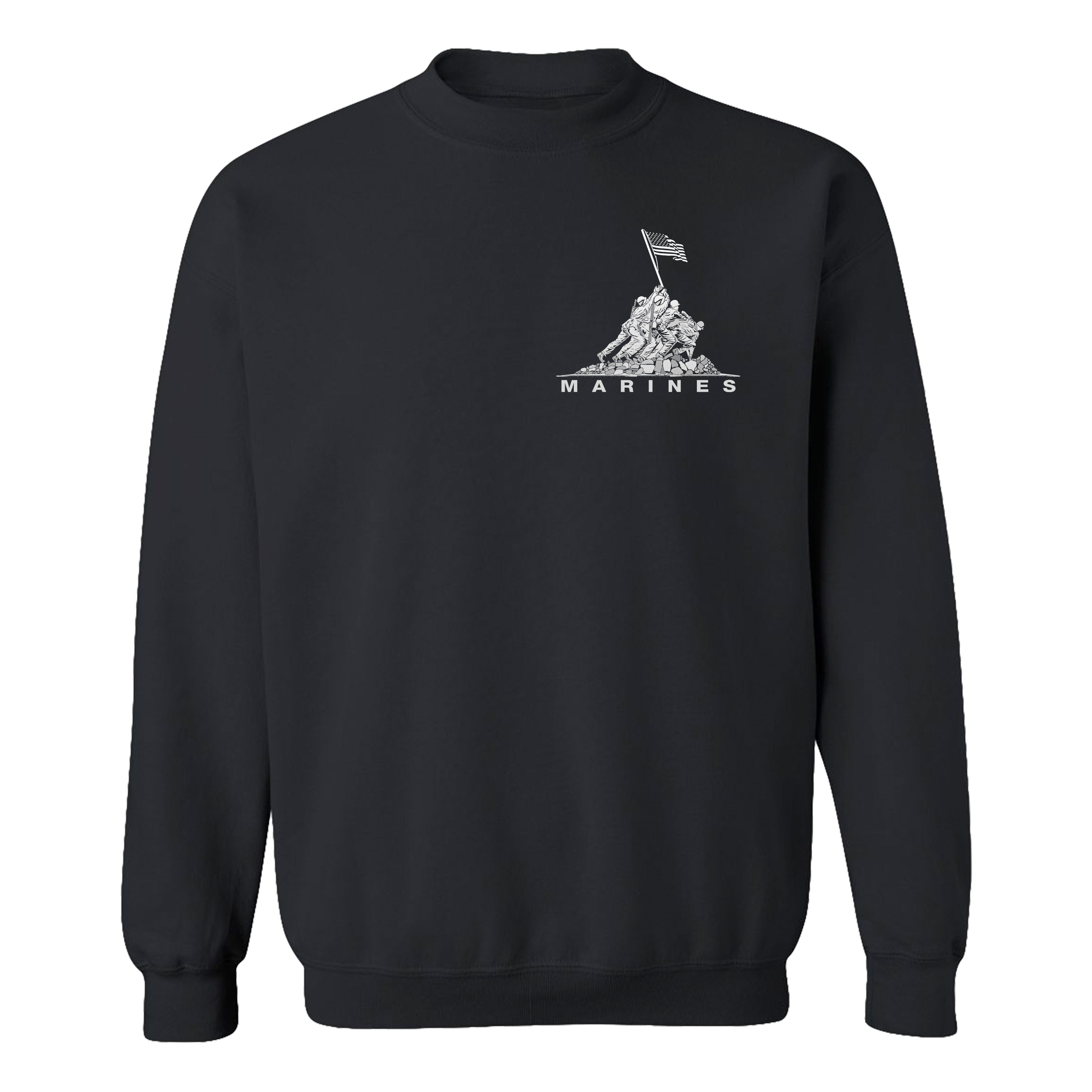 Black USMC sweatshirt with Iwo Jima flag raising chest graphic