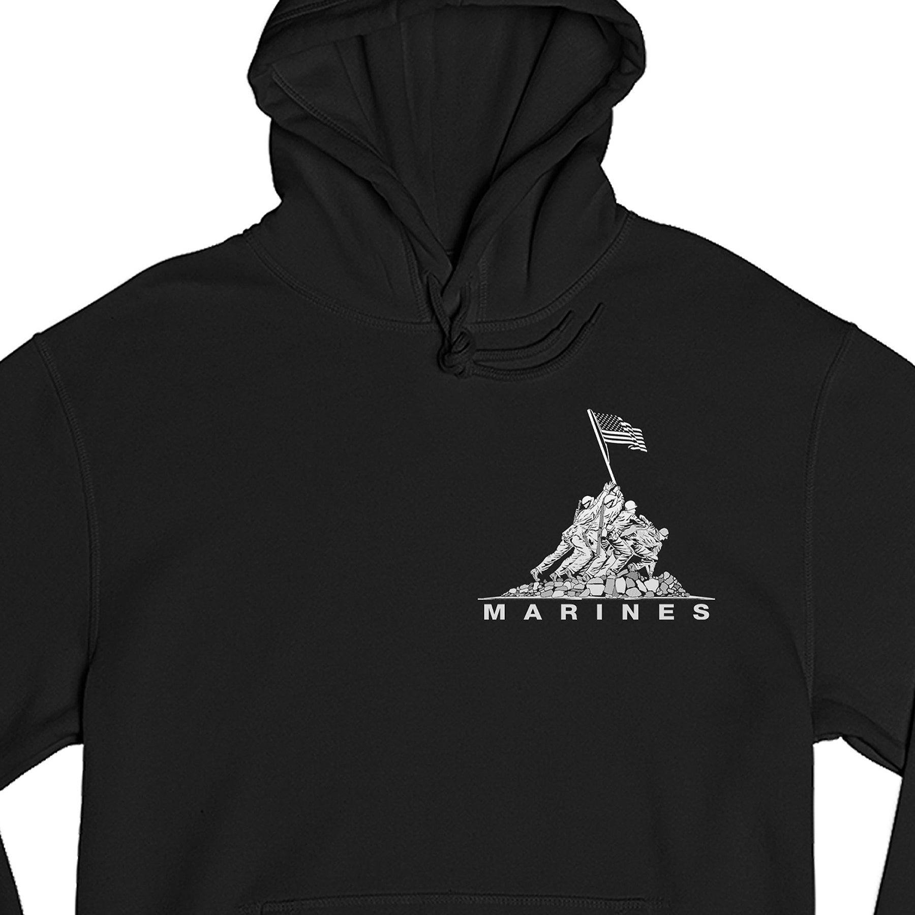 Black USMC hoodie with Iwo Jima flag raising chest graphic