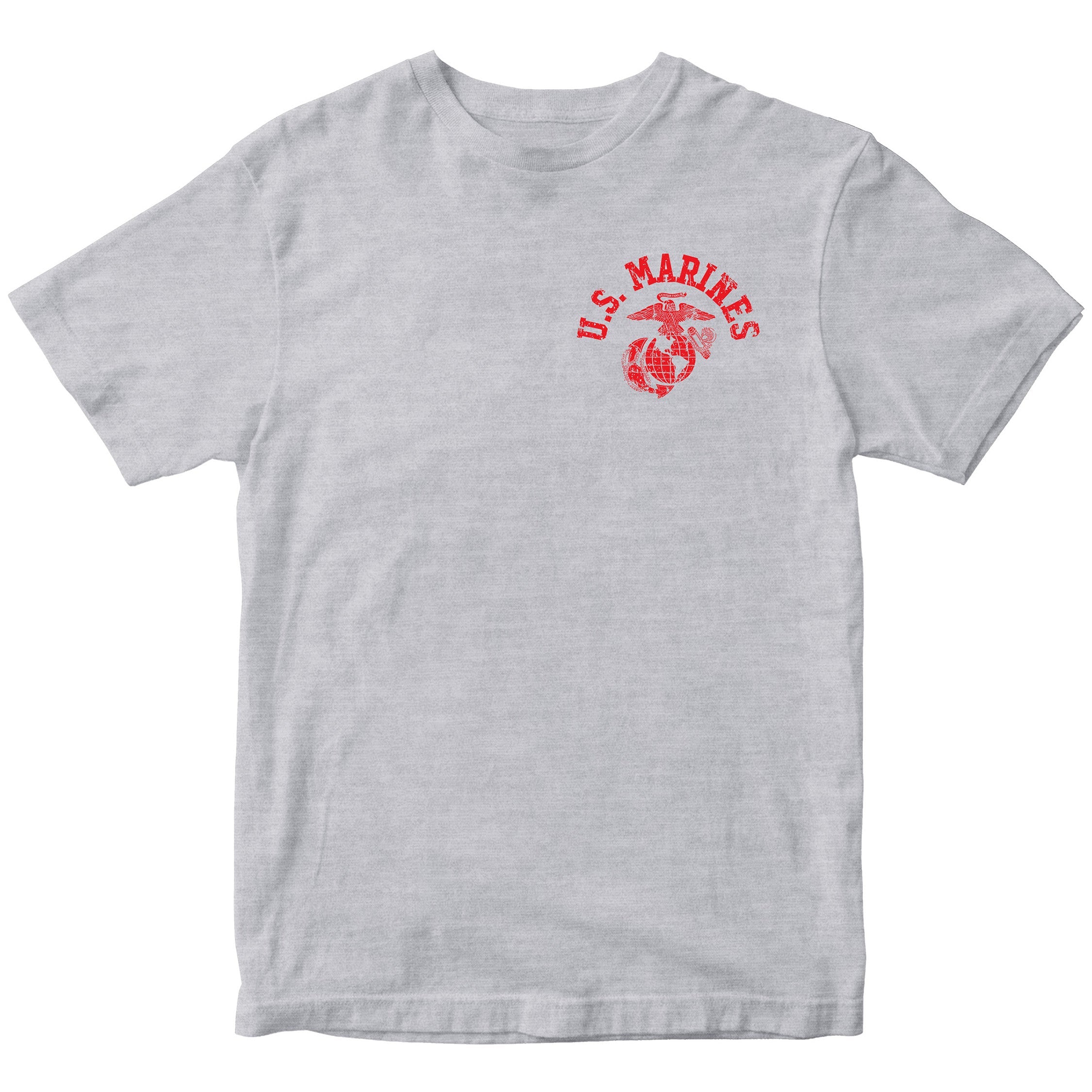 Grey Marine Corps PT-style T-shirt featuring a small left-chest U.S. Marines arch and EGA emblem. USMC Tee
