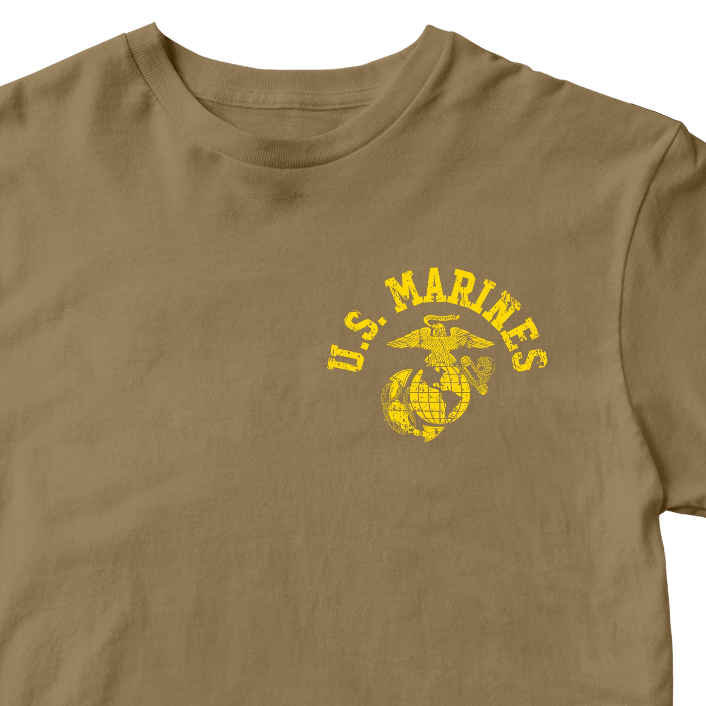Brown Marine Corps PT-style T-shirt featuring a small left-chest U.S. Marines arch and EGA emblem. USMC Tee
