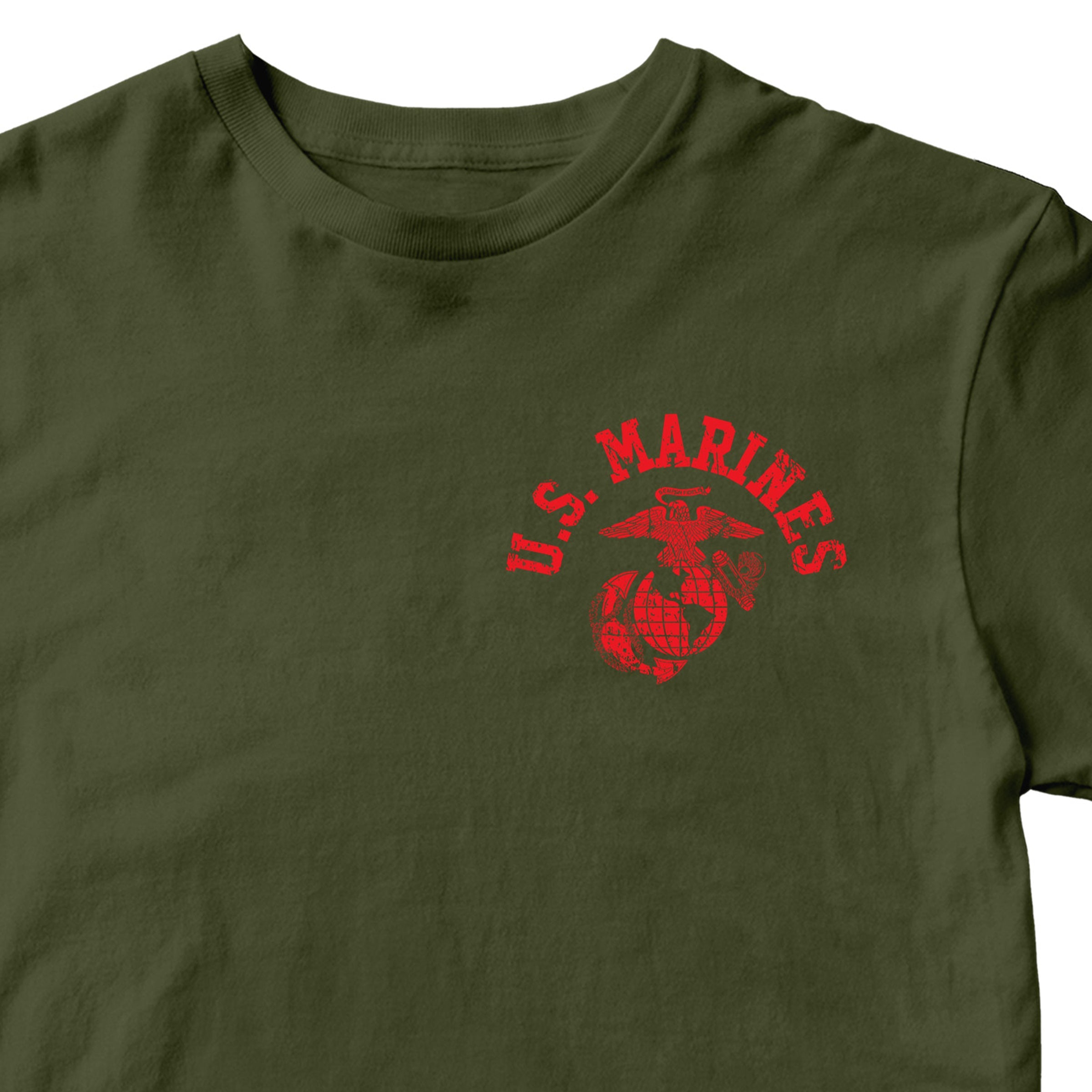 Green Marine Corps PT-style T-shirt featuring a small left-chest U.S. Marines arch and EGA emblem. USMC Tee