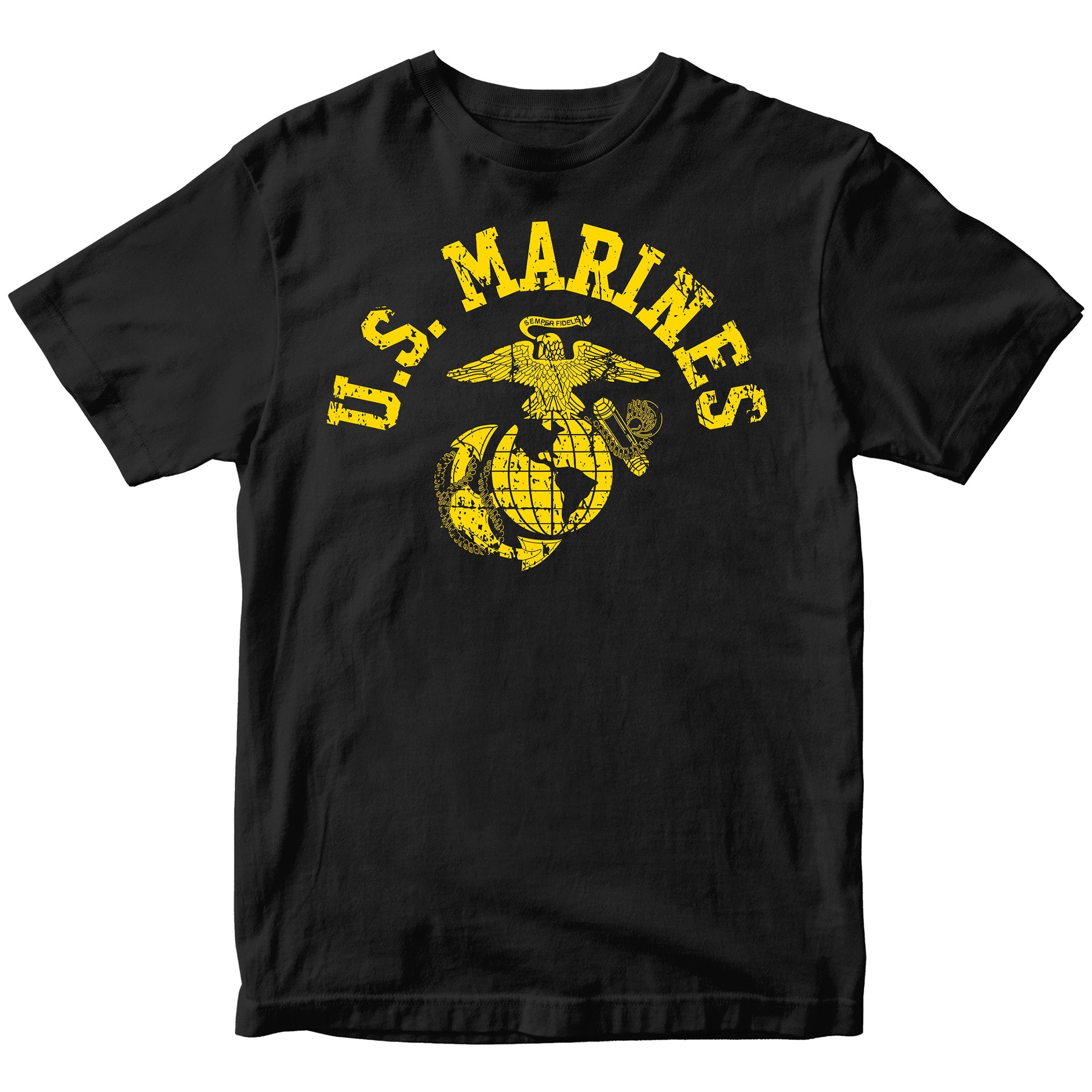 Black & Gold U.S. Marines T-shirt with large full-front vintage ‘U.S. Marines’ arch and Eagle, Globe, and Anchor emblem. USMC Tee