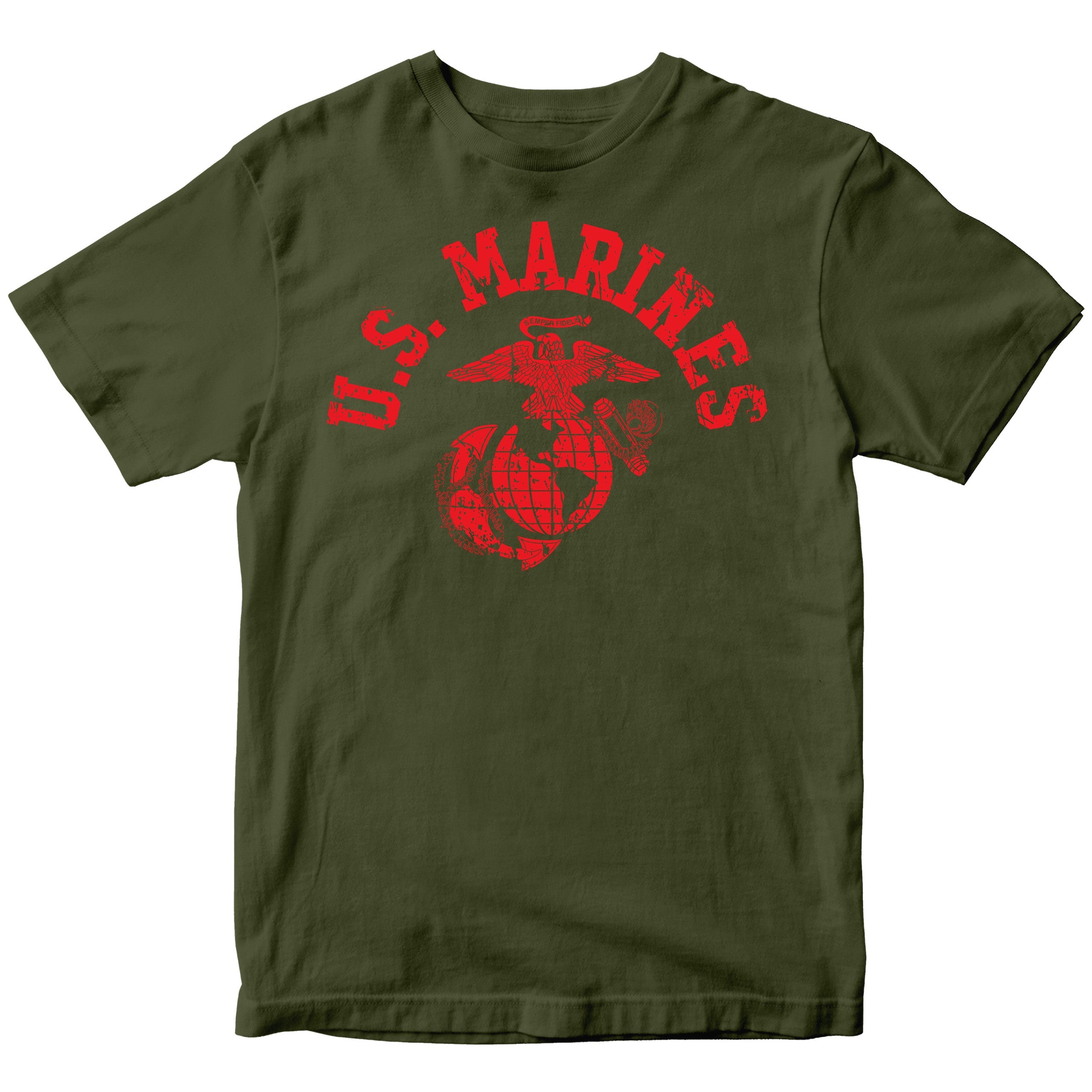 Green & Red U.S. Marines T-shirt with large full-front vintage ‘U.S. Marines’ arch and Eagle, Globe, and Anchor emblem. USMC Tee