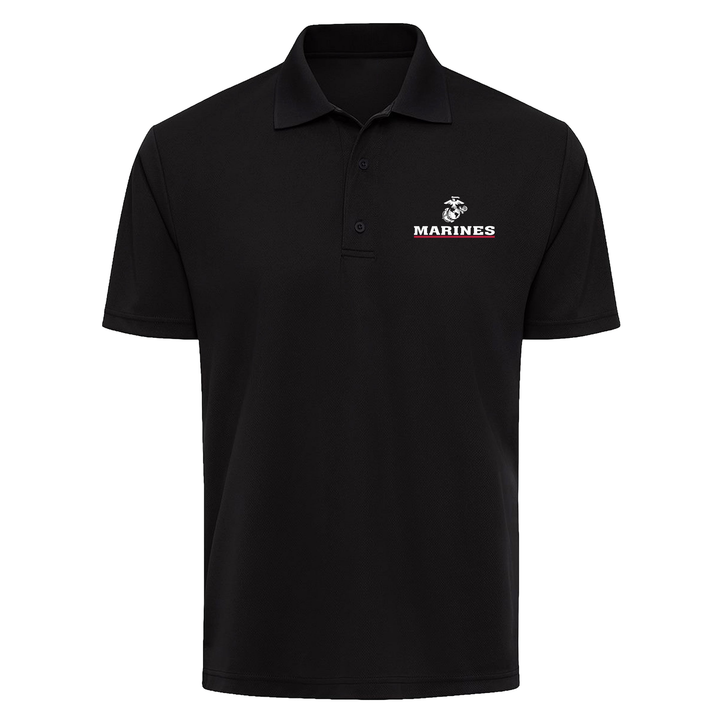 Black Marines performance polo with Eagle, Globe & Anchor and MARINES left-chest print accented by a red underline. USMC polo