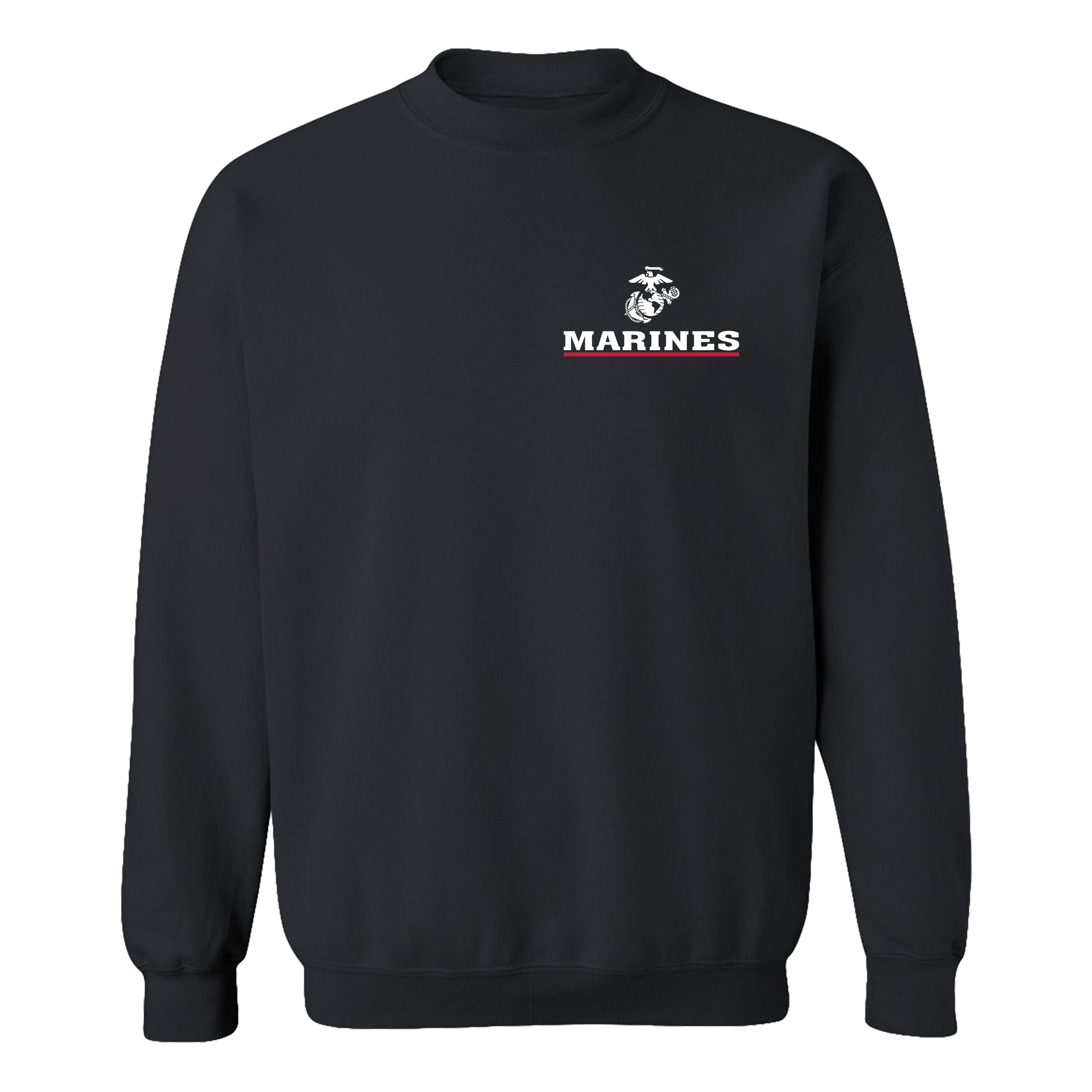 Black USMC sweatshirt with EGA chest seal emblem above bold white 'MARINES' text and a red underline, minimalist Marine Corps design.