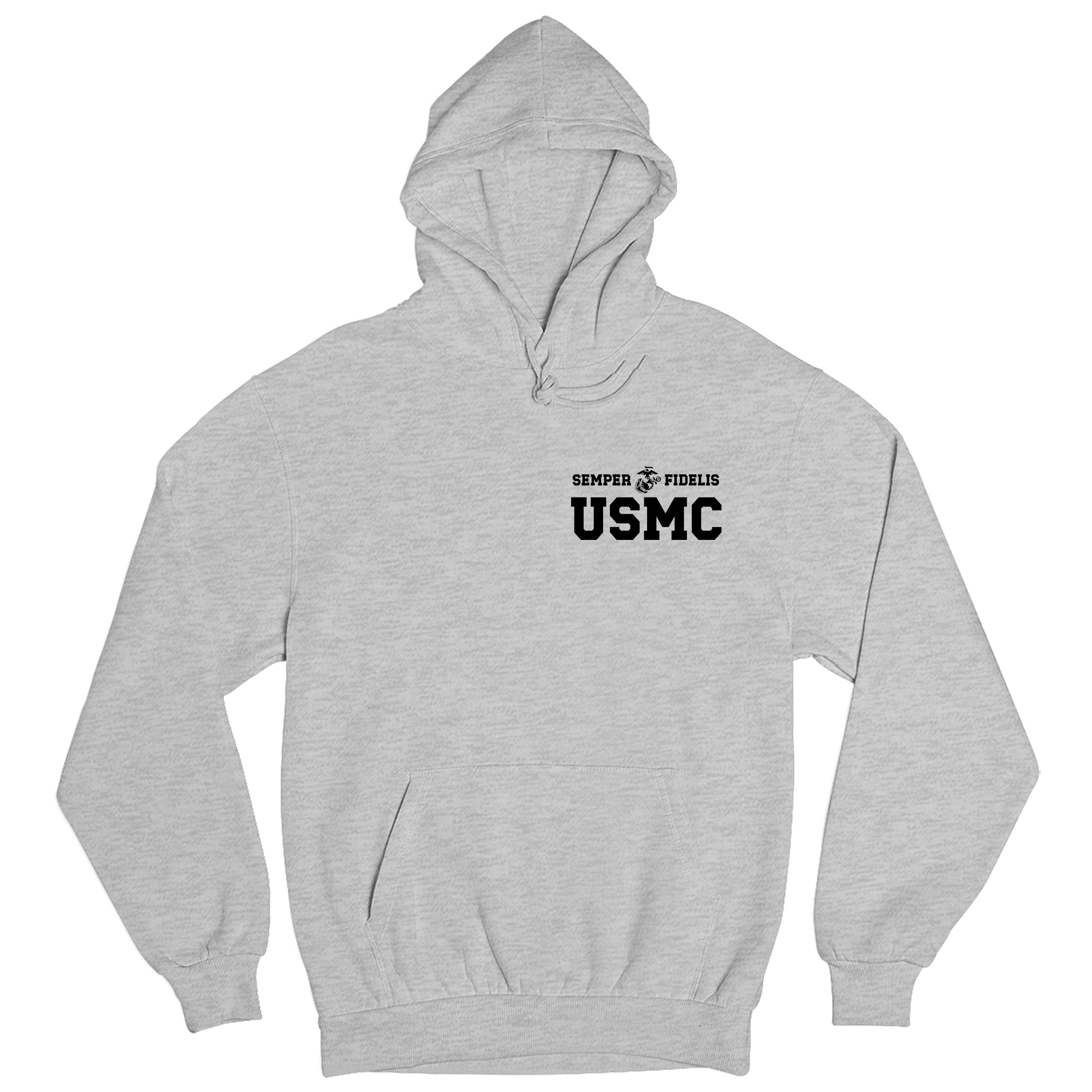 Gray USMC hoodie with Semper Fidelis and Eagle Globe Anchor design