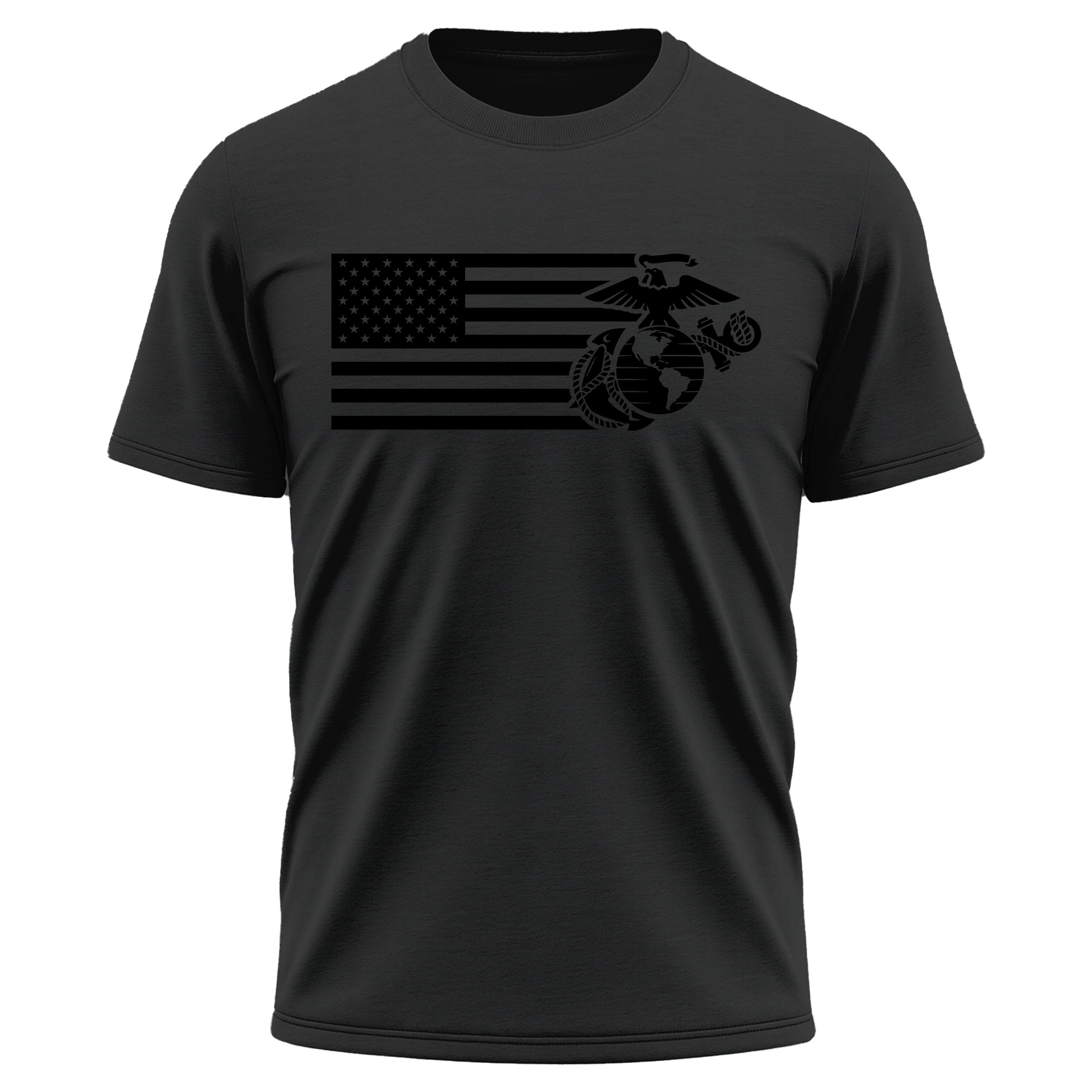 Black on black Marines American flag and EGA performance t-shirt with monochromatic Marine Corps EGA & Flag. Marines Patriotic tee. USMC workout tee