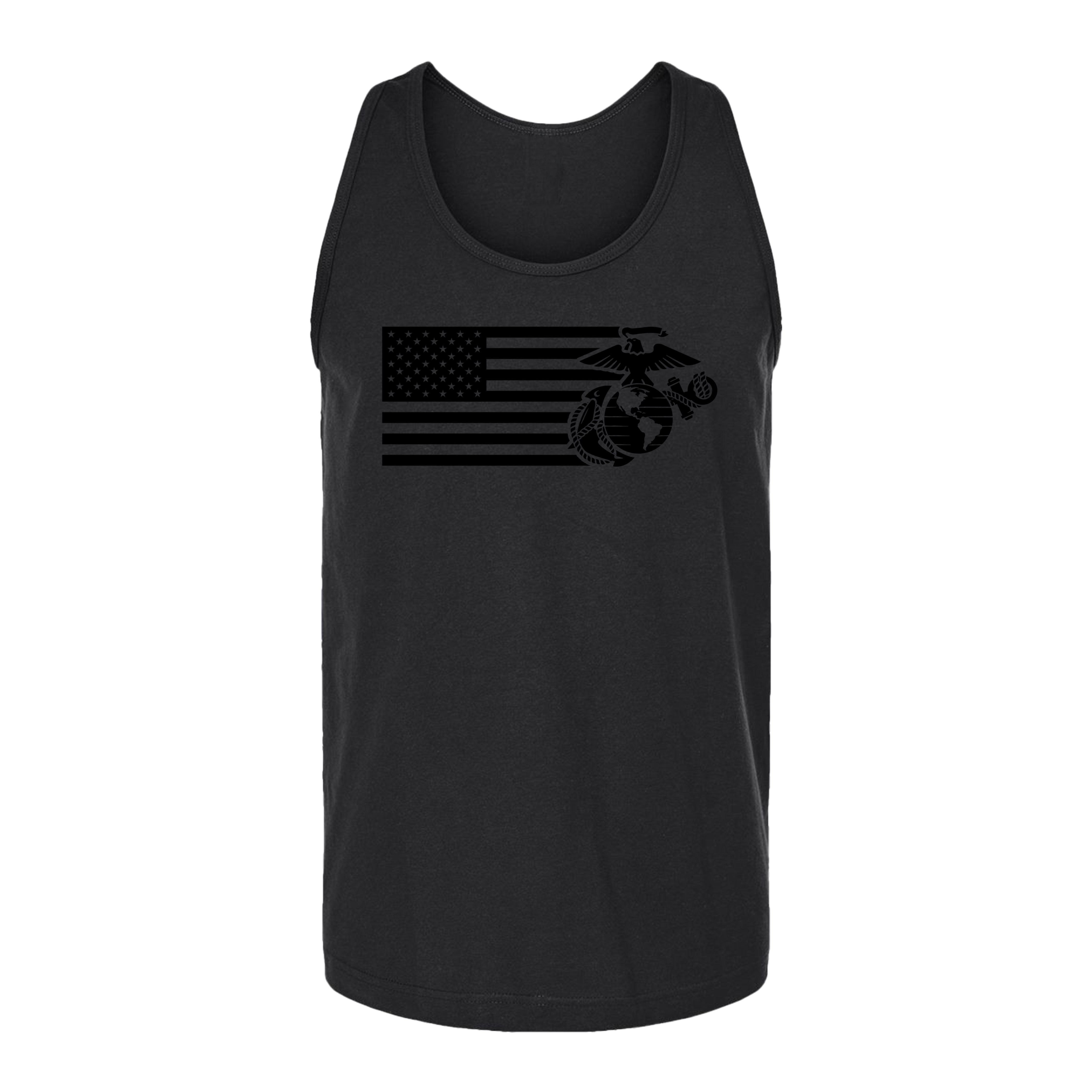 Black USMC Split Flag & EGA tank top featuring a black-on-black American flag and Eagle, Globe, and Anchor design. USMC sleeveless tank. 