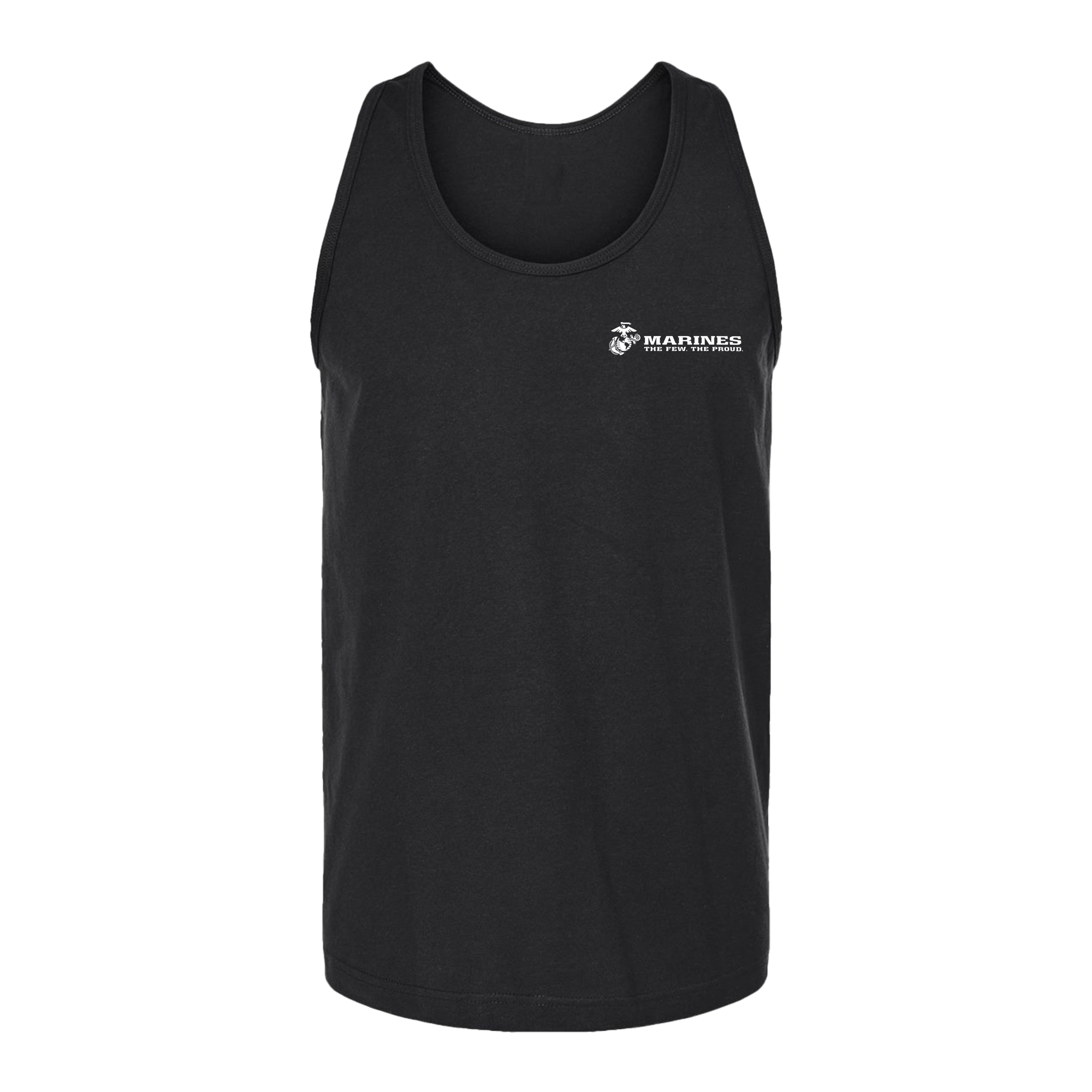 Black Marines tank top featuring white Eagle, Globe, and Anchor with “MARINES The Few. The Proud.” text.