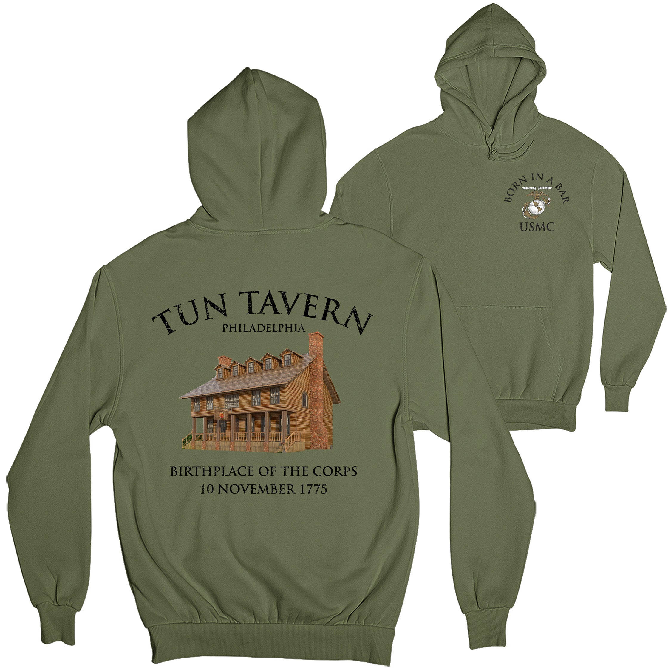 Green Marines Tun Tavern Hoodie. USMC Tun Tavern Born in a bar EGA