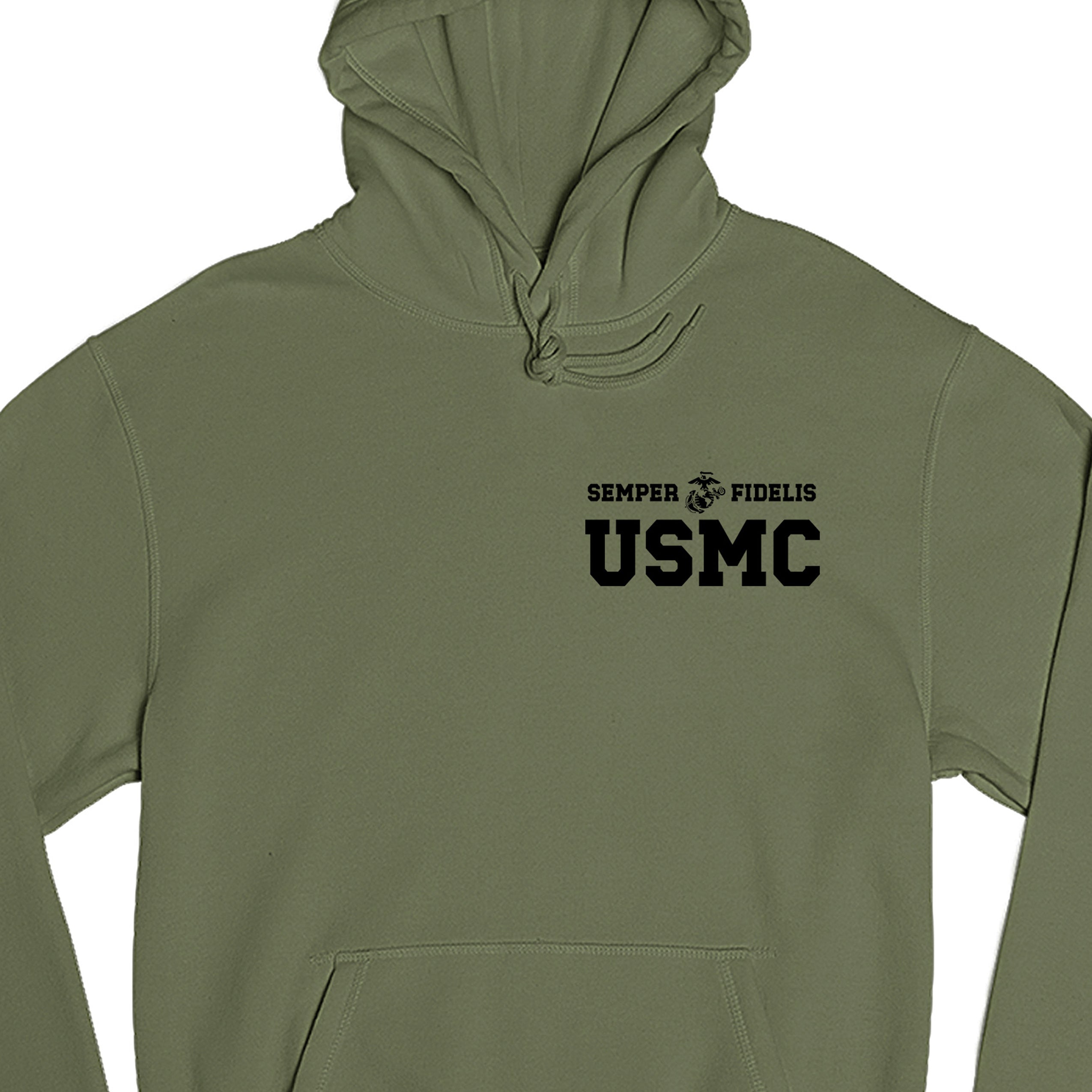 Green USMC hoodie with Semper Fidelis and Eagle Globe Anchor design