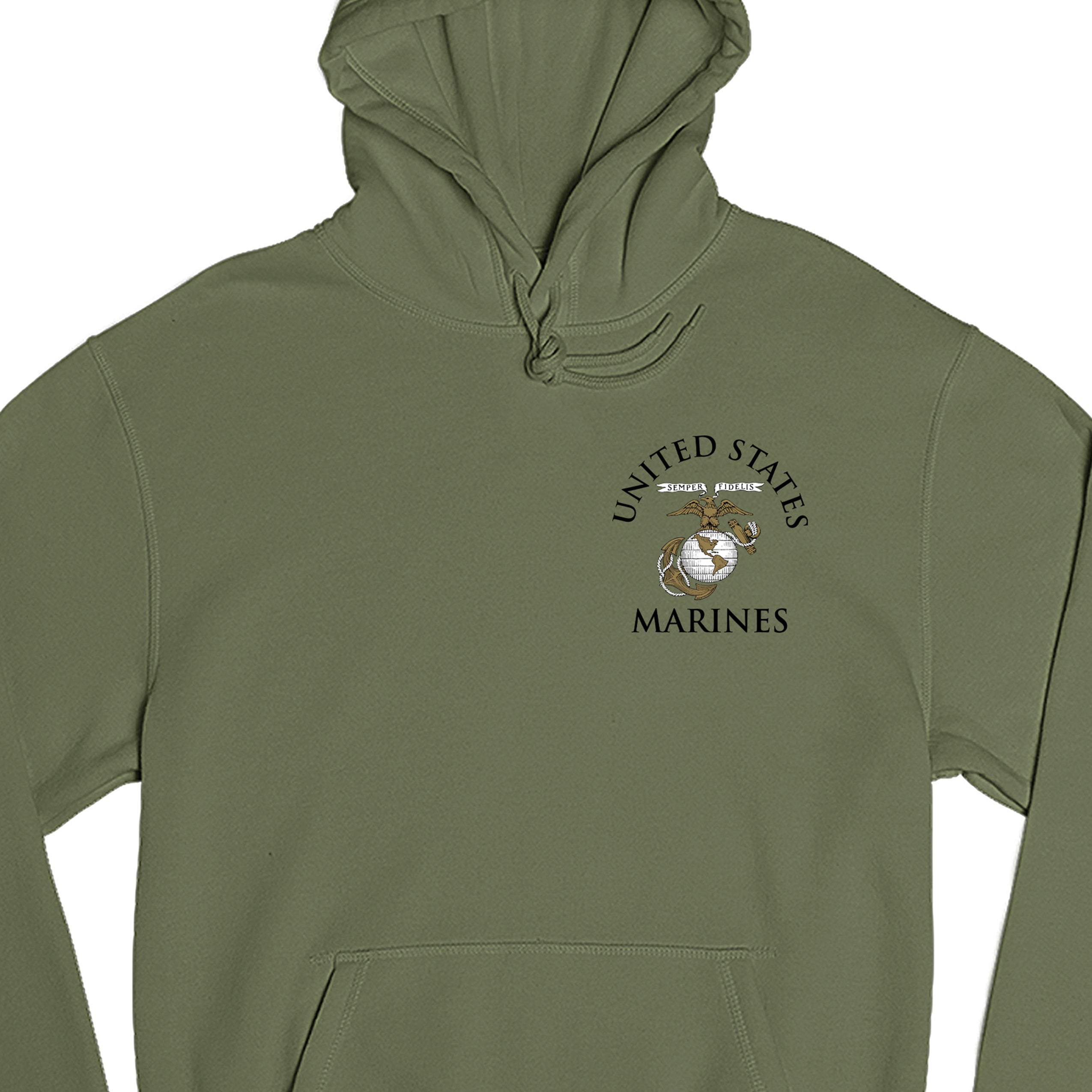 Green Marine Corps Hoodie featuring United States Marines text and EGA emblem chest seal