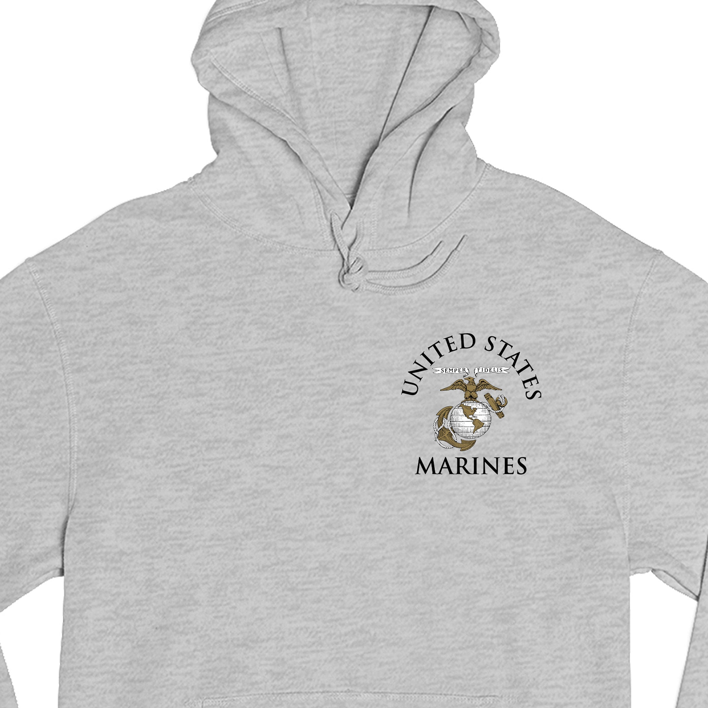 Gray Marine Corps Hoodie featuring United States Marines text and EGA emblem chest seal