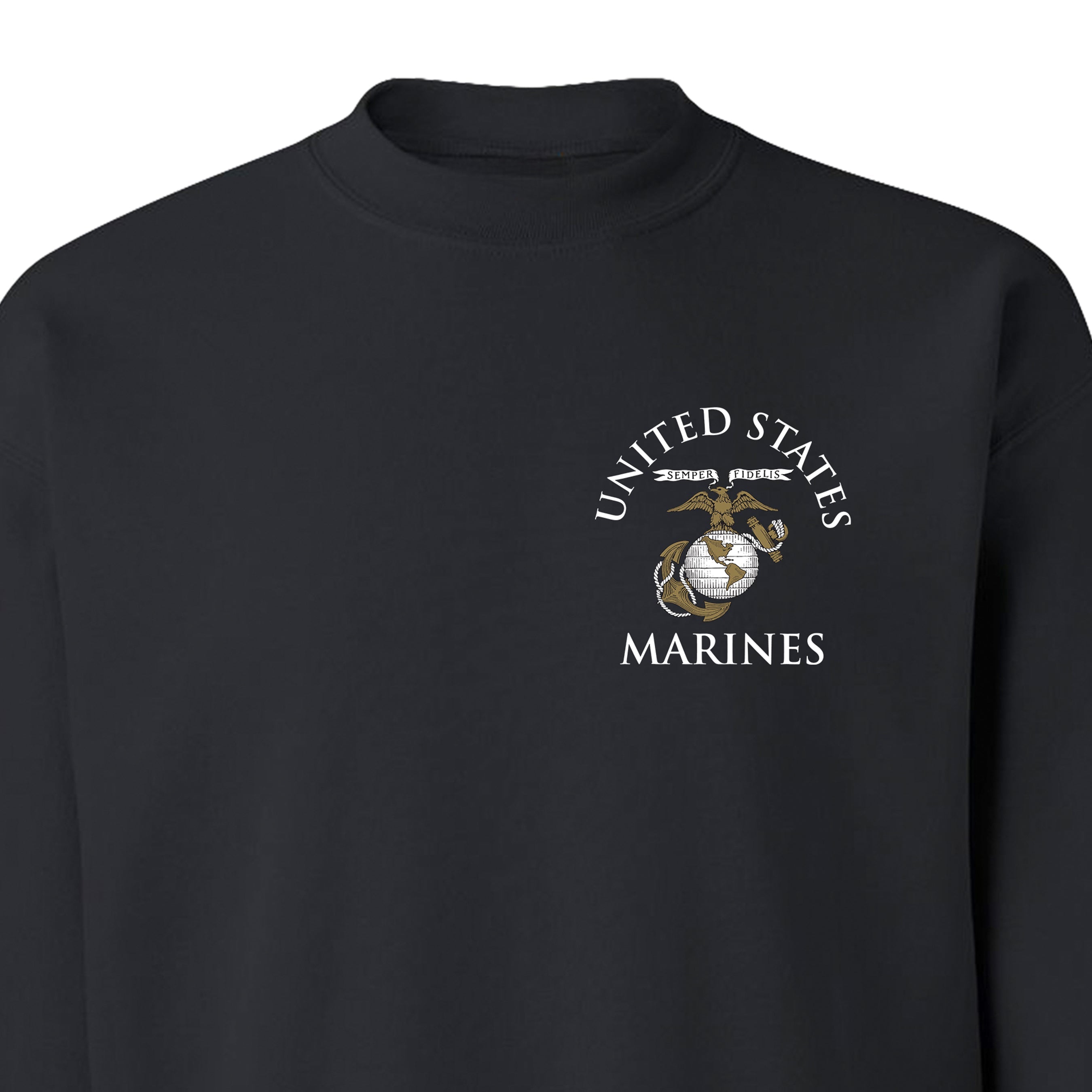 Black Marine Corps sweatshirt featuring United States Marines text and EGA emblem chest seal