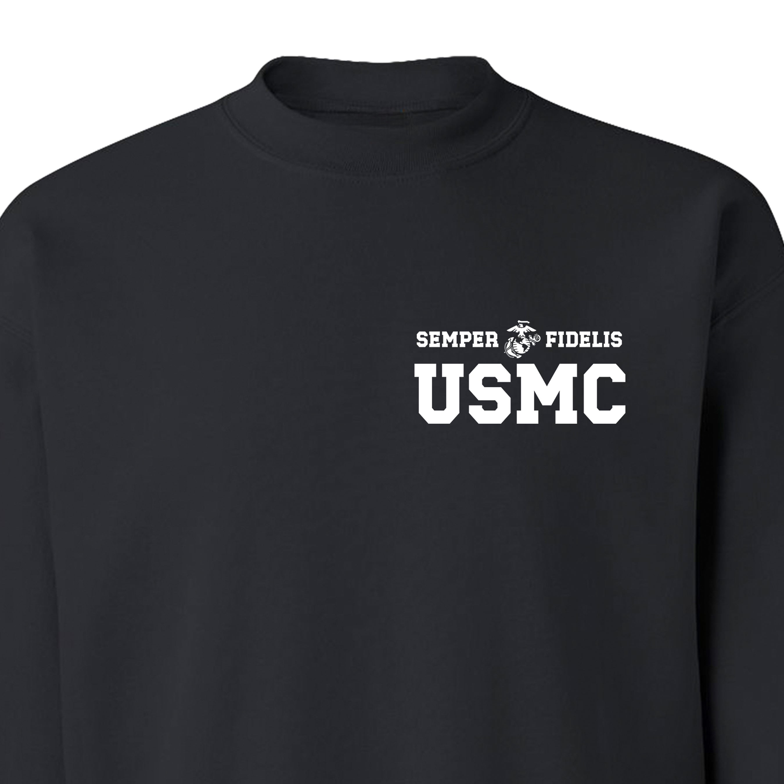Black USMC sweatshirt with Semper Fidelis and Eagle Globe Anchor design