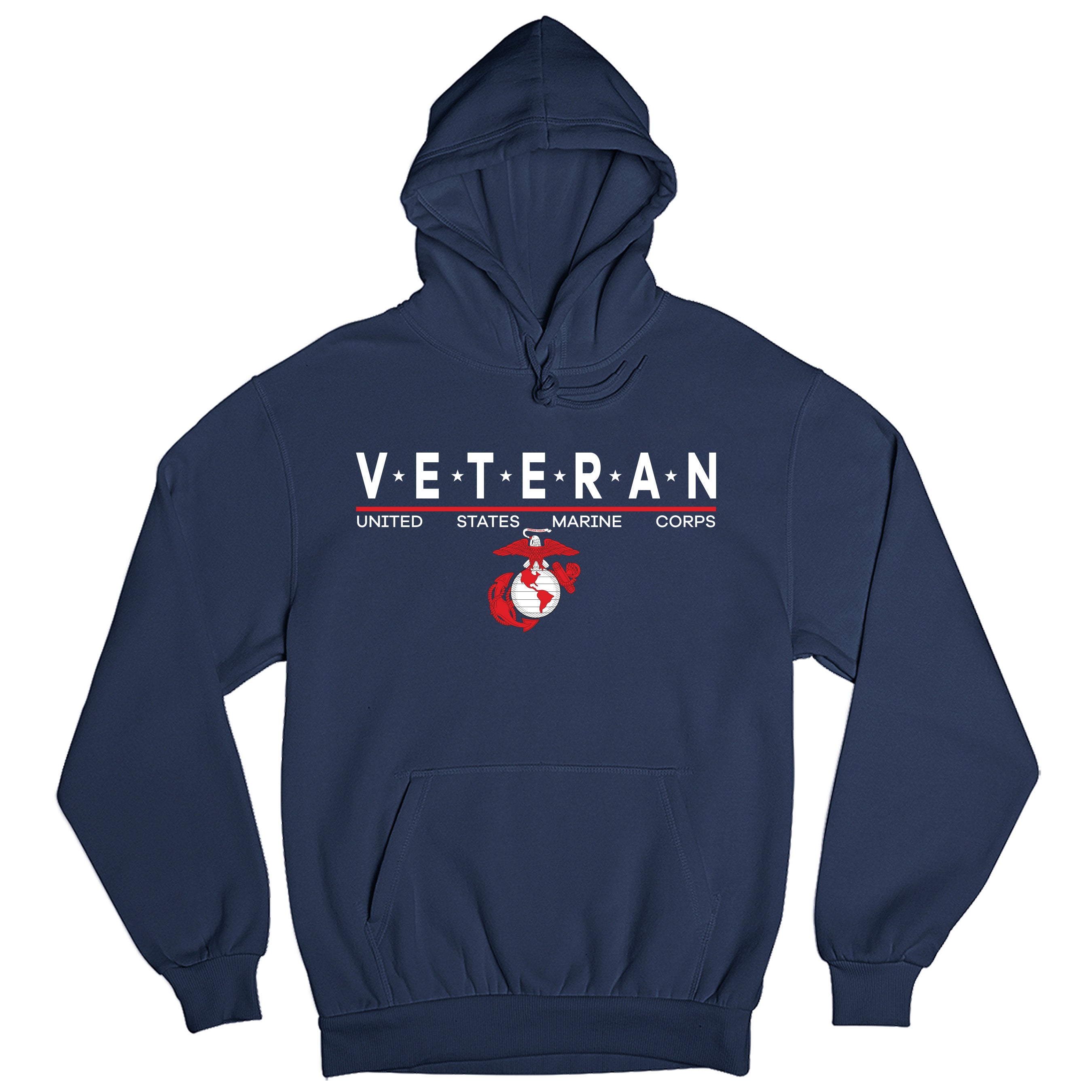 Navy Blue USMC Veteran Hoodie with star-accented ‘VETERAN’ text and Eagle, Globe and Anchor emblem.