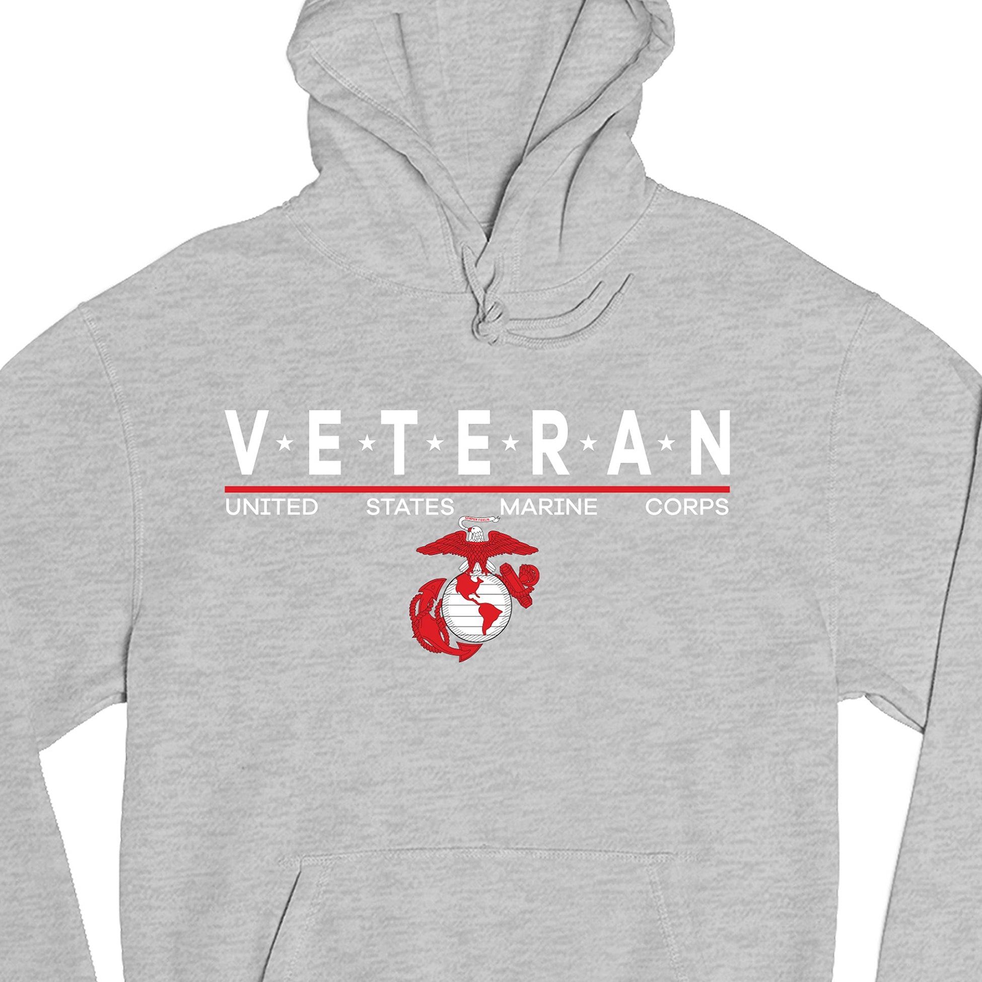 Grey USMC Veteran Hoodie with star-accented ‘VETERAN’ text and Eagle, Globe and Anchor emblem.