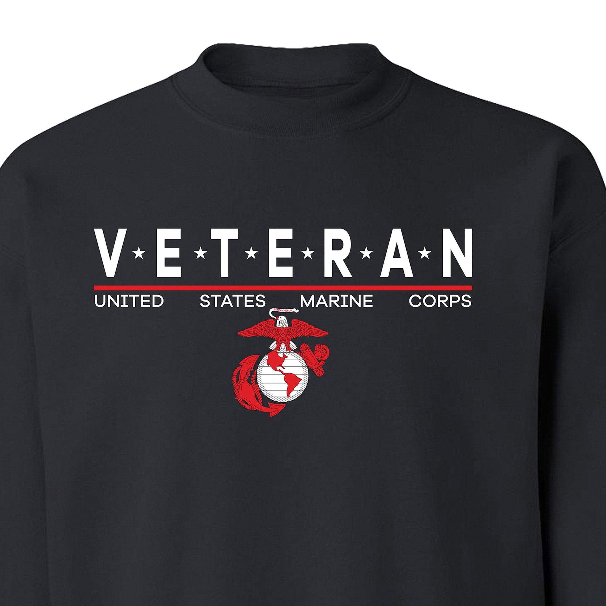 Black USMC Veteran Sweatshirt with star-accented ‘VETERAN’ text and Eagle, Globe and Anchor emblem.