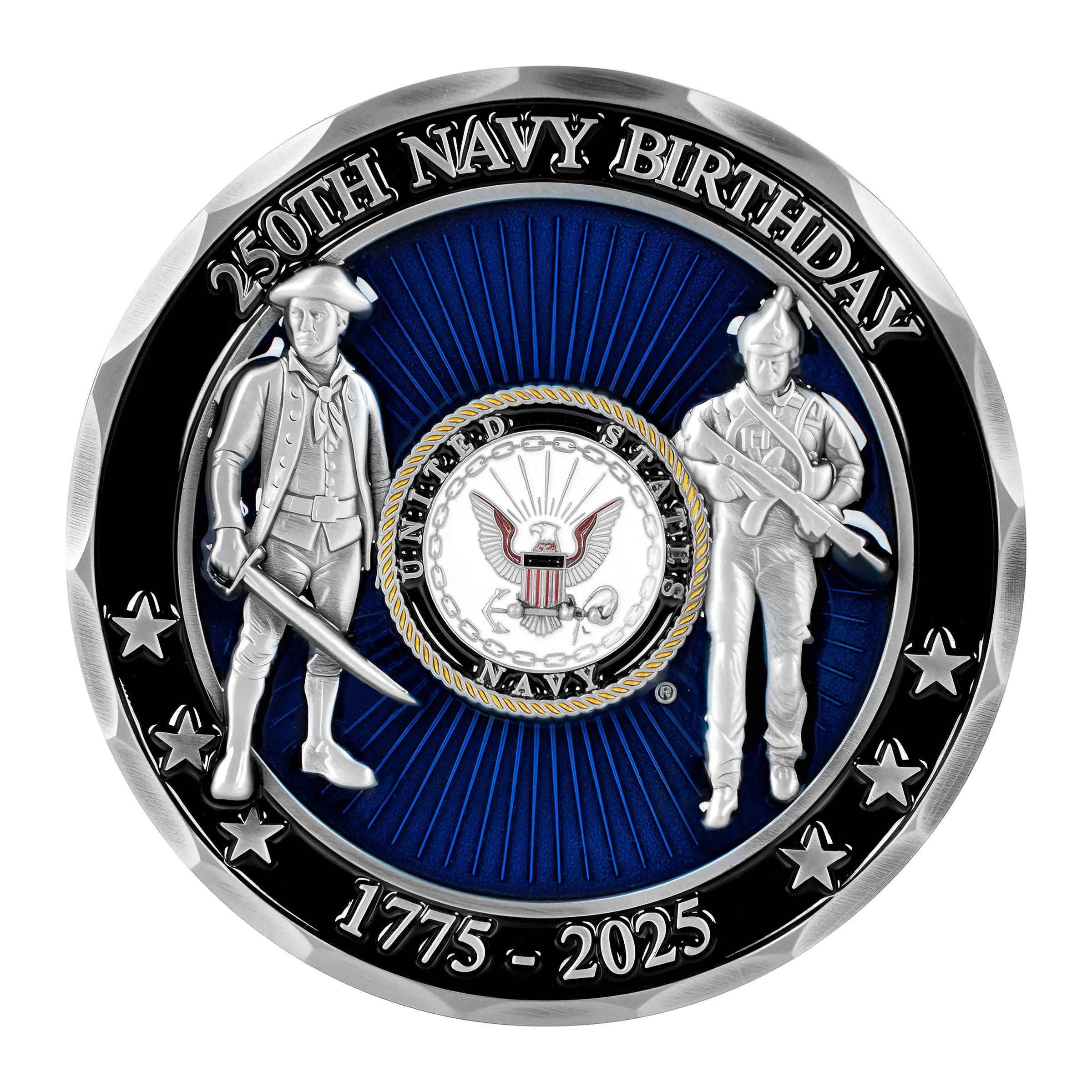 Navy birthday commemorative coin with two figures and the U.S. Navy emblem.