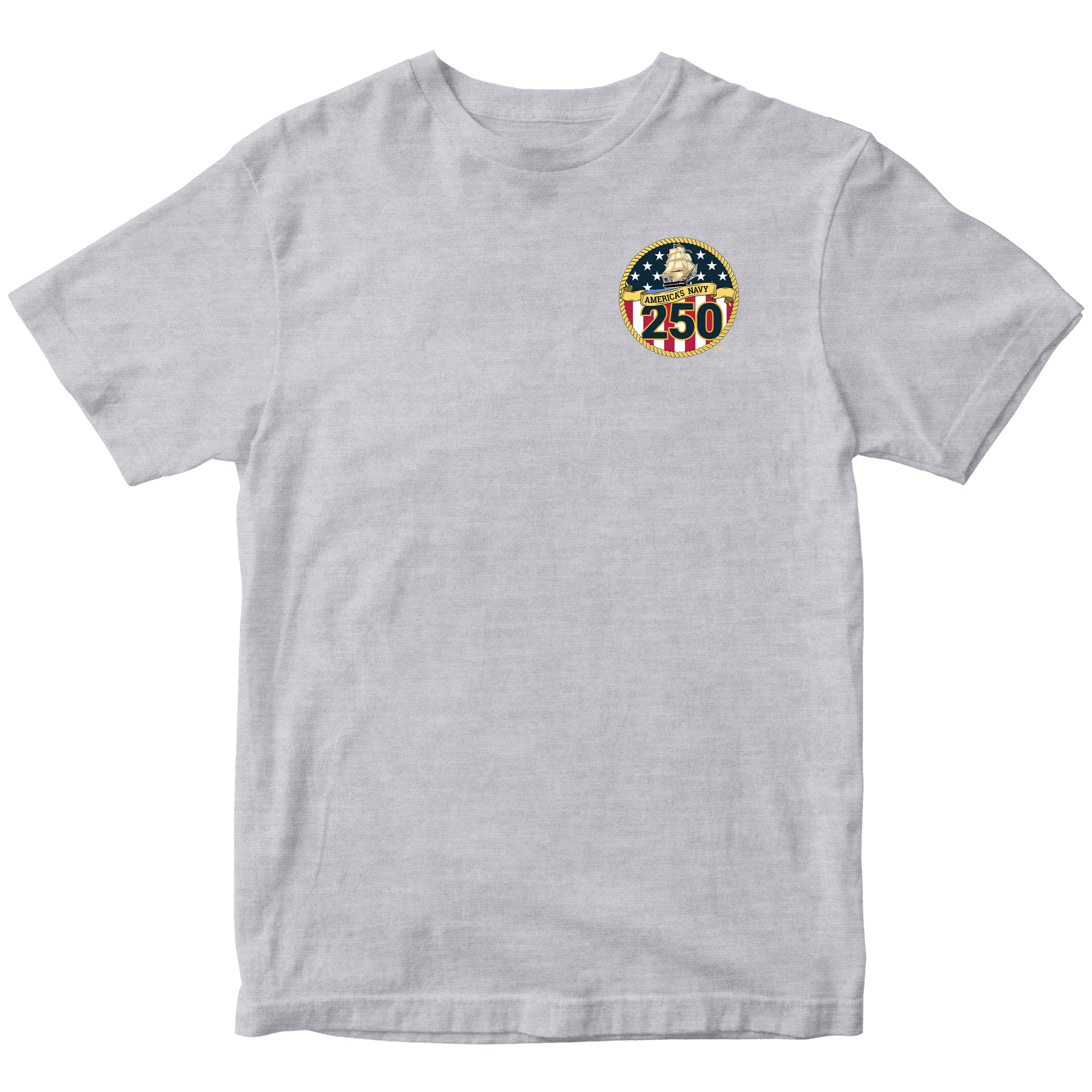 US Navy 250th Birthday t-shirt with front-left chest emblem featuring patriotic shield, anchor, and text 'America’s Navy 250' surrounded by gold rope border and stars