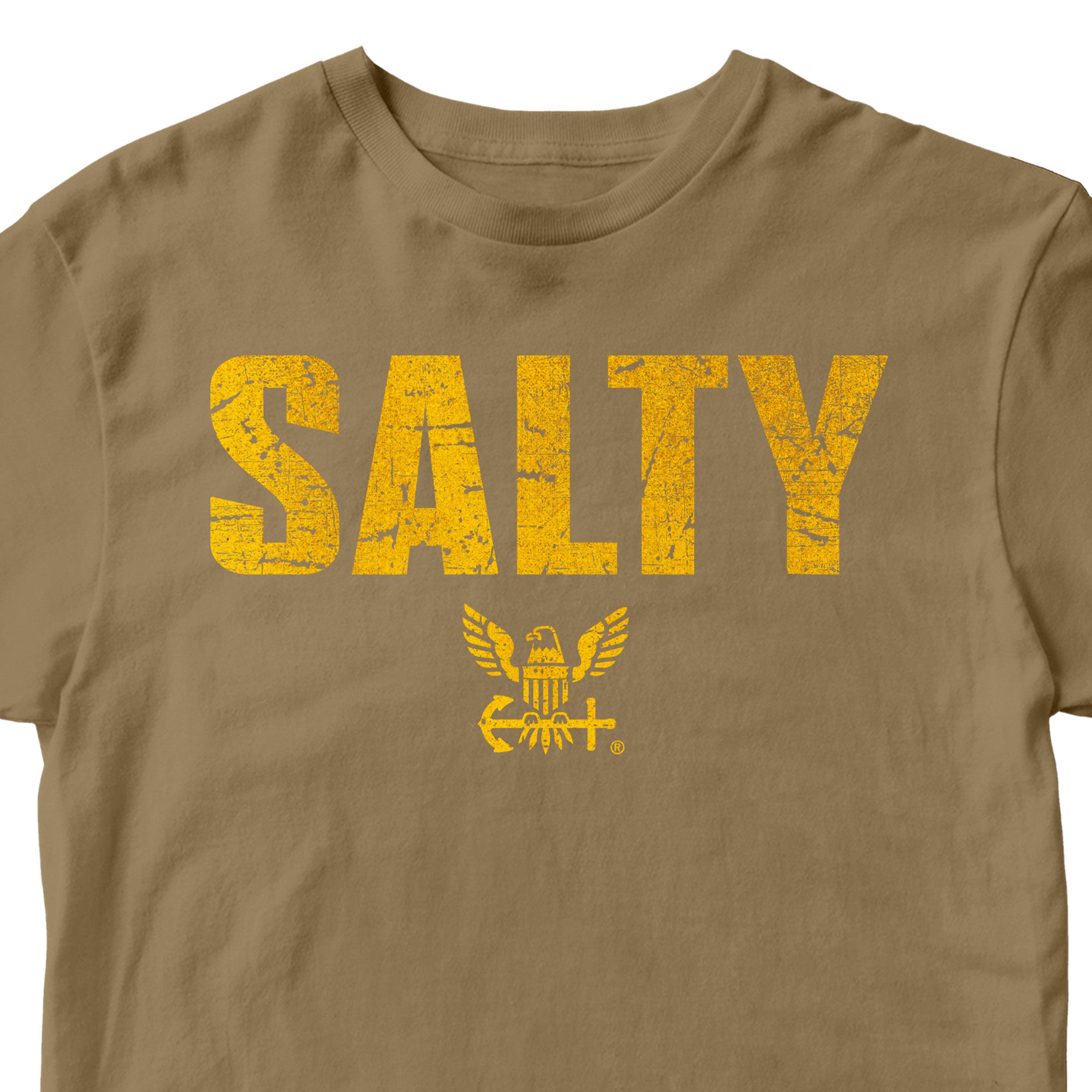 Brown U.S. Navy Salty Tee with distressed gold SALTY lettering and Navy eagle emblem