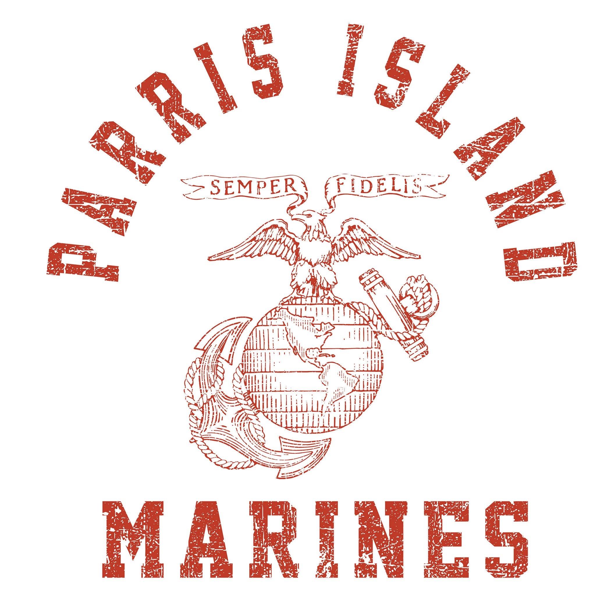 USMC print featuring 'Parris Island' arched above the Eagle, Globe, and Anchor emblem, and 'Marines' text below—designed in the style of vintage Marine Corps training shirts from MCRD Parris Island.