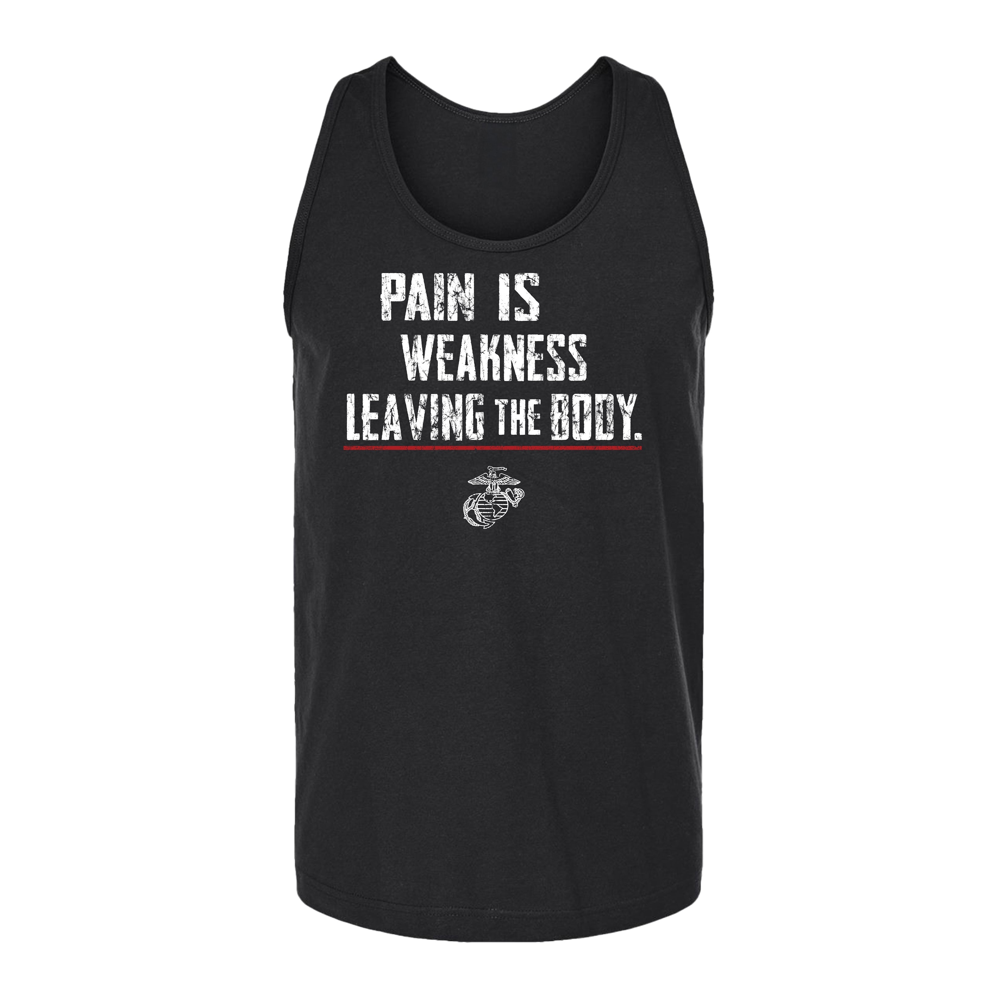 Men’s USMC tank top with bold white distressed text 'Pain Is Weakness Leaving the Body' and Eagle, Globe, and Anchor emblem beneath, motivational Marine Corps workout tank.