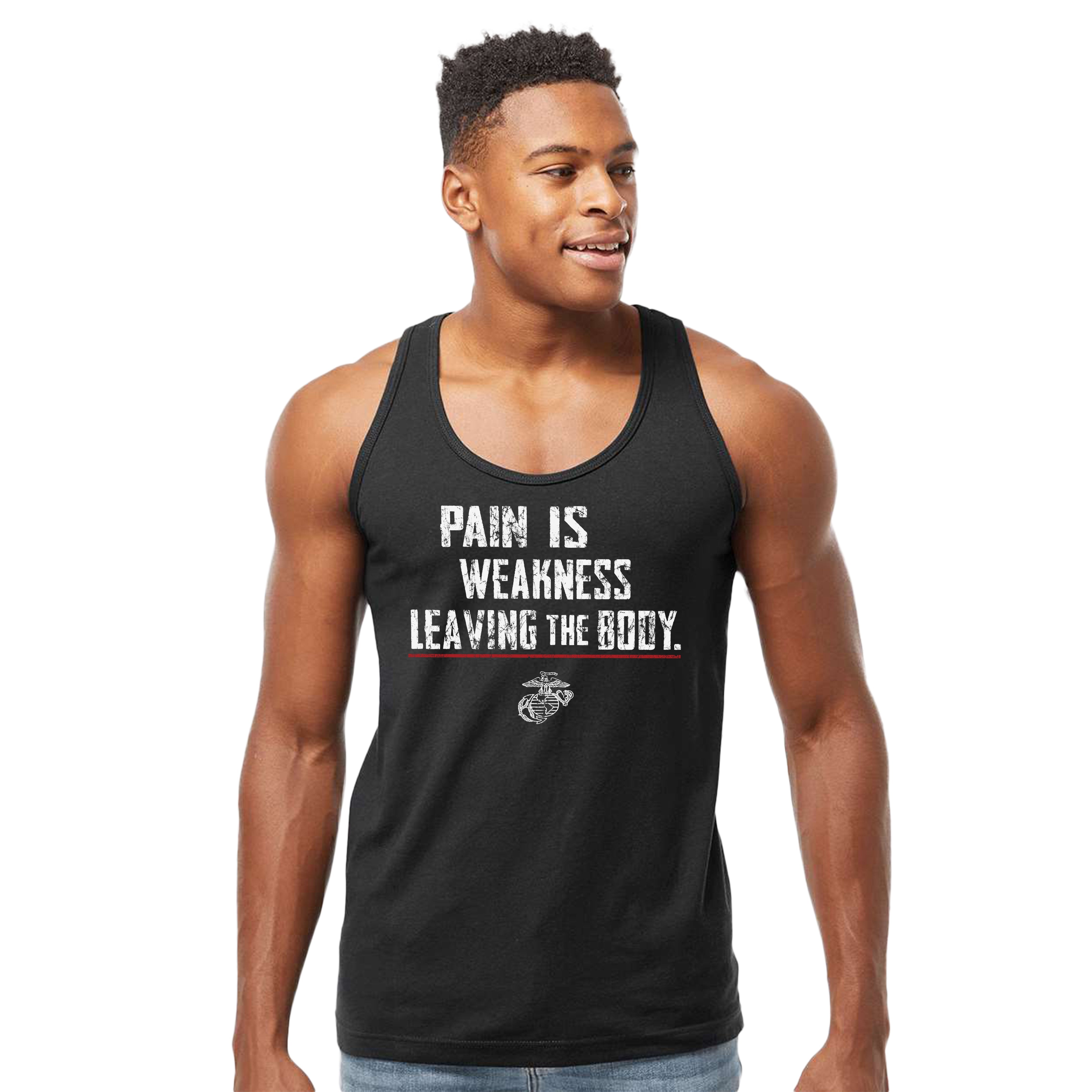 Men’s USMC tank top with bold white distressed text 'Pain Is Weakness Leaving the Body' and Eagle, Globe, and Anchor emblem beneath, motivational Marine Corps workout tank.