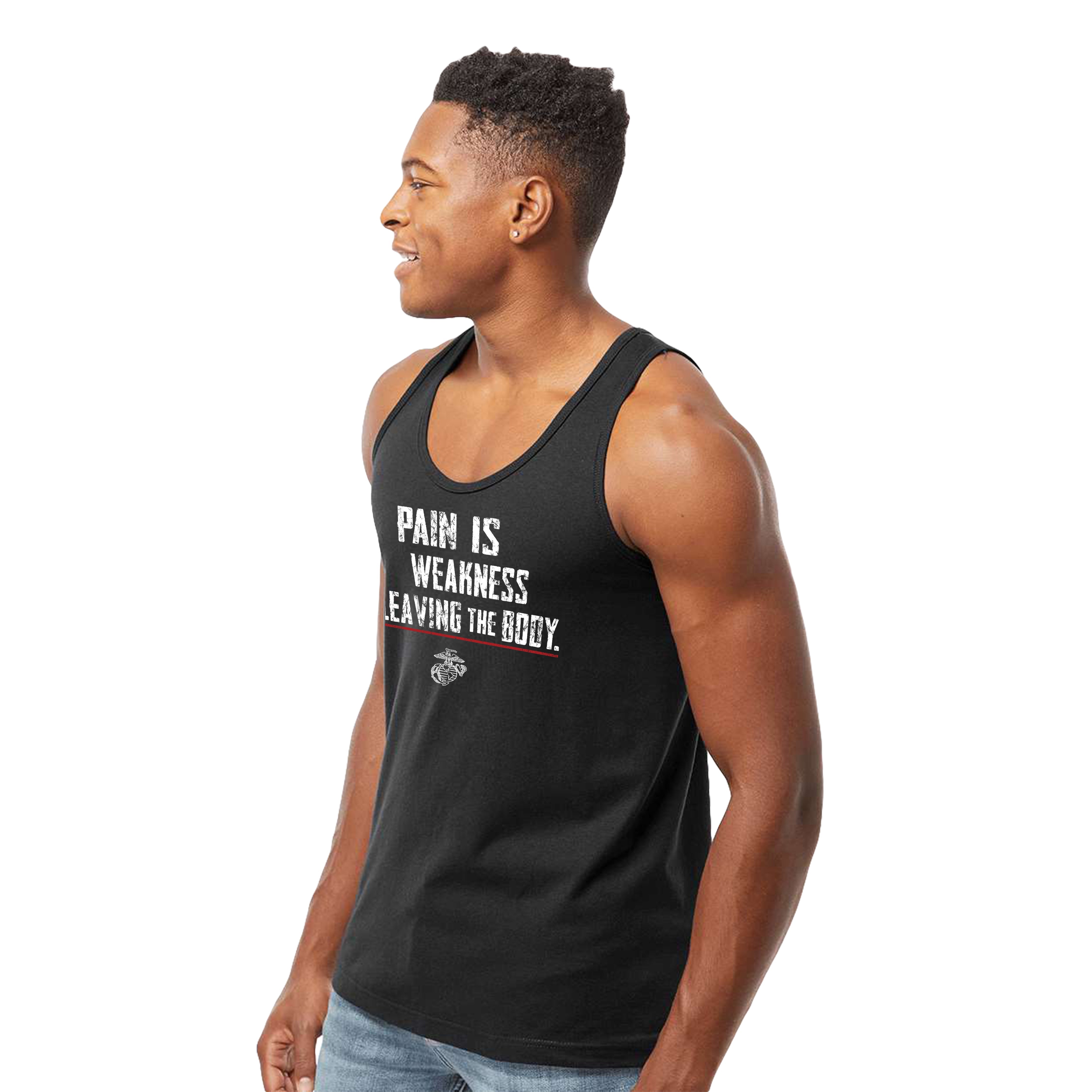 Men’s USMC tank top with bold white distressed text 'Pain Is Weakness Leaving the Body' and Eagle, Globe, and Anchor emblem beneath, motivational Marine Corps workout tank.