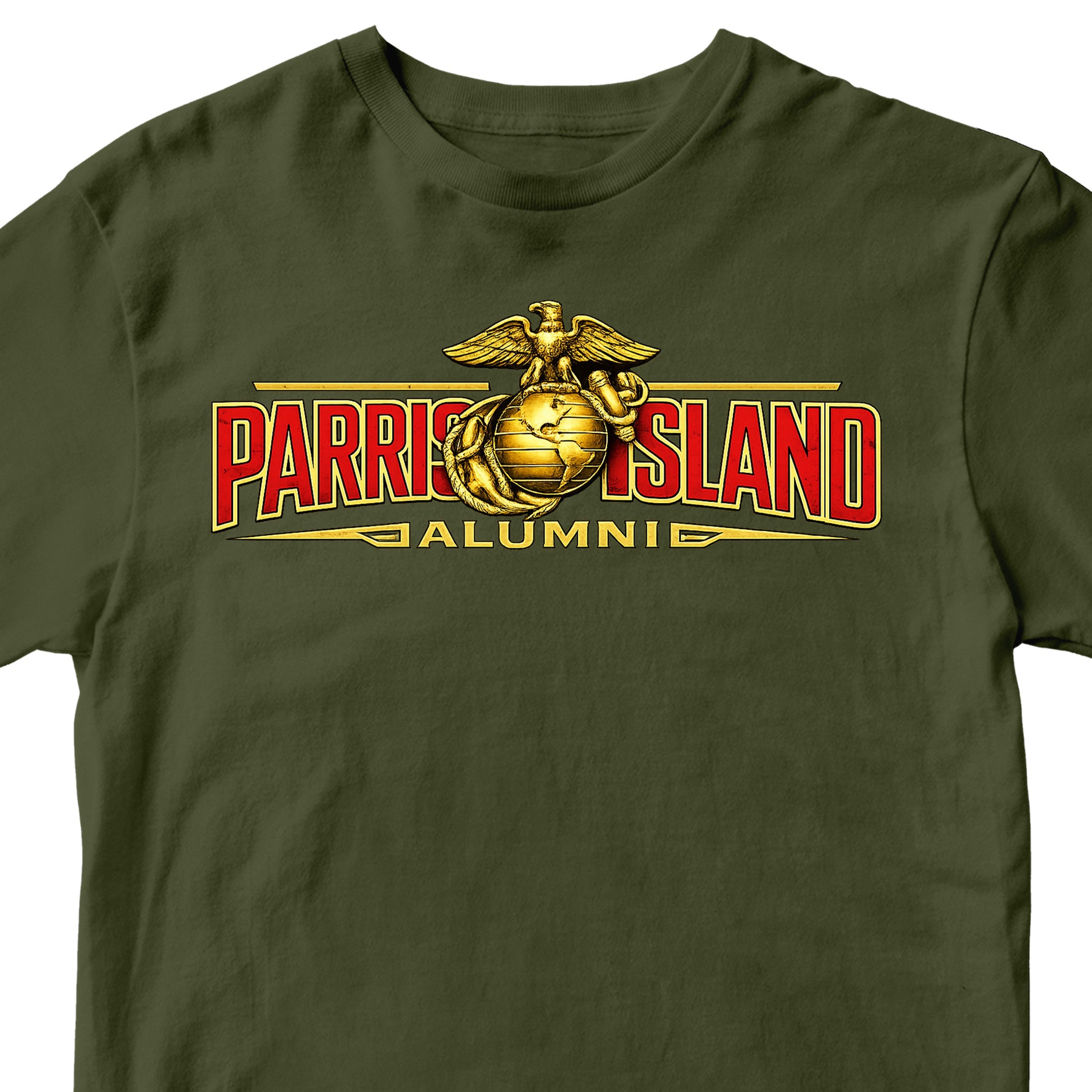 United States Marine Corps Parris Island alumni shirt featuring EGA emblem. Green MCRD Parris Island Tee.