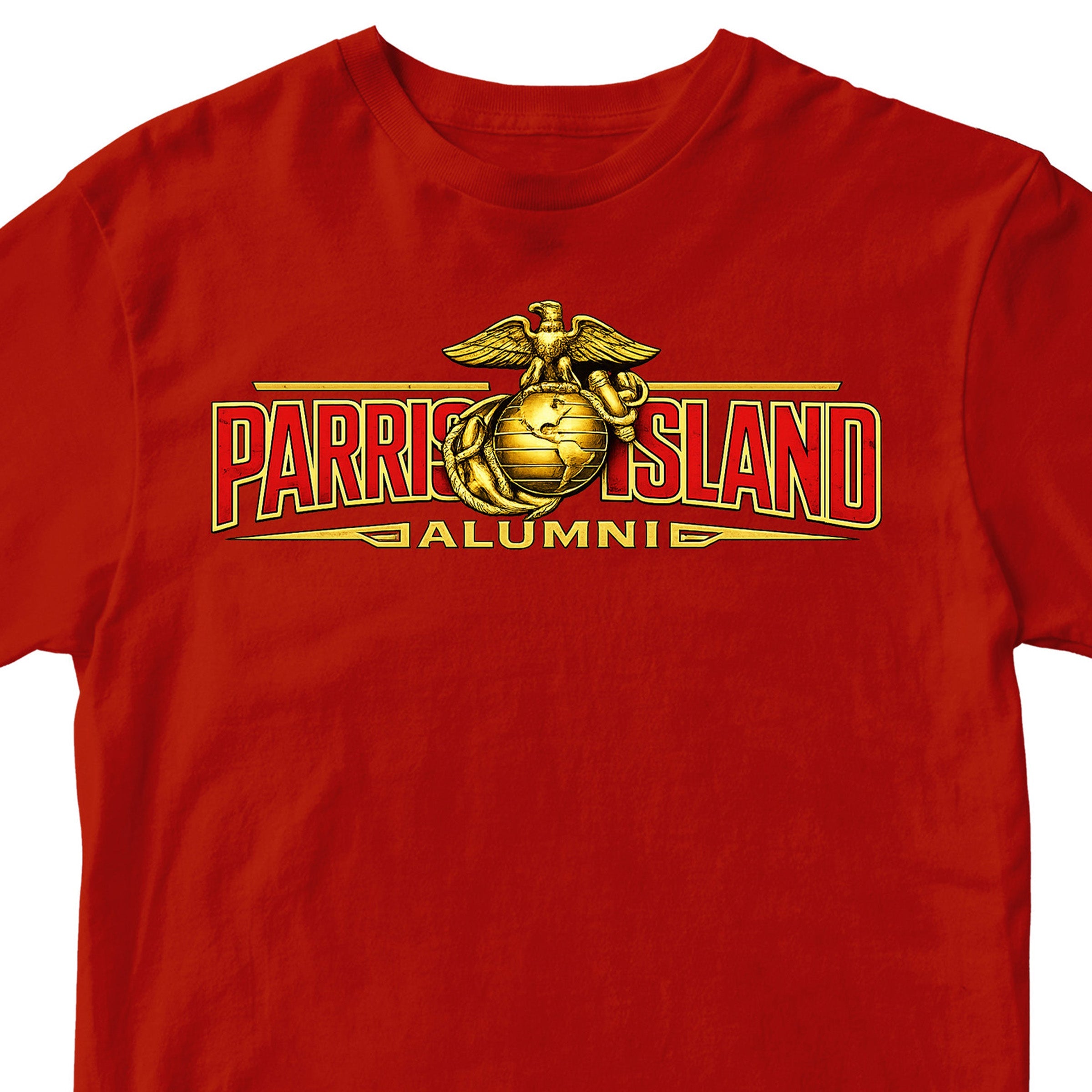 United States Marine Corps Parris Island alumni shirt featuring EGA emblem. Red MCRD Parris Island Tee.