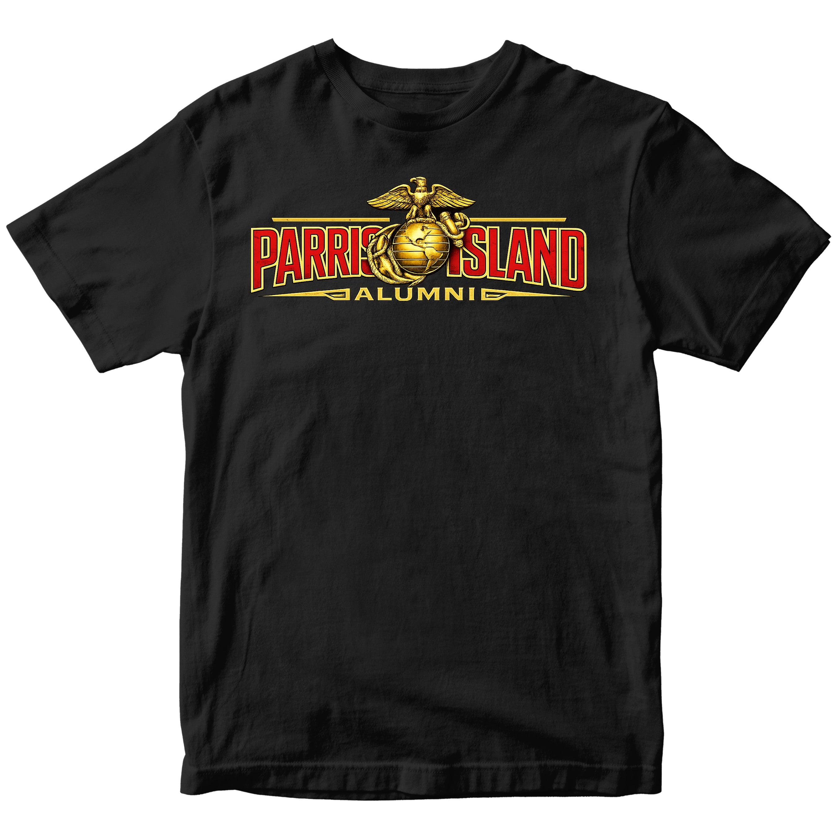United States Marine Corps Parris Island alumni shirt featuring EGA emblem. Black MCRD Parris Island Tee.