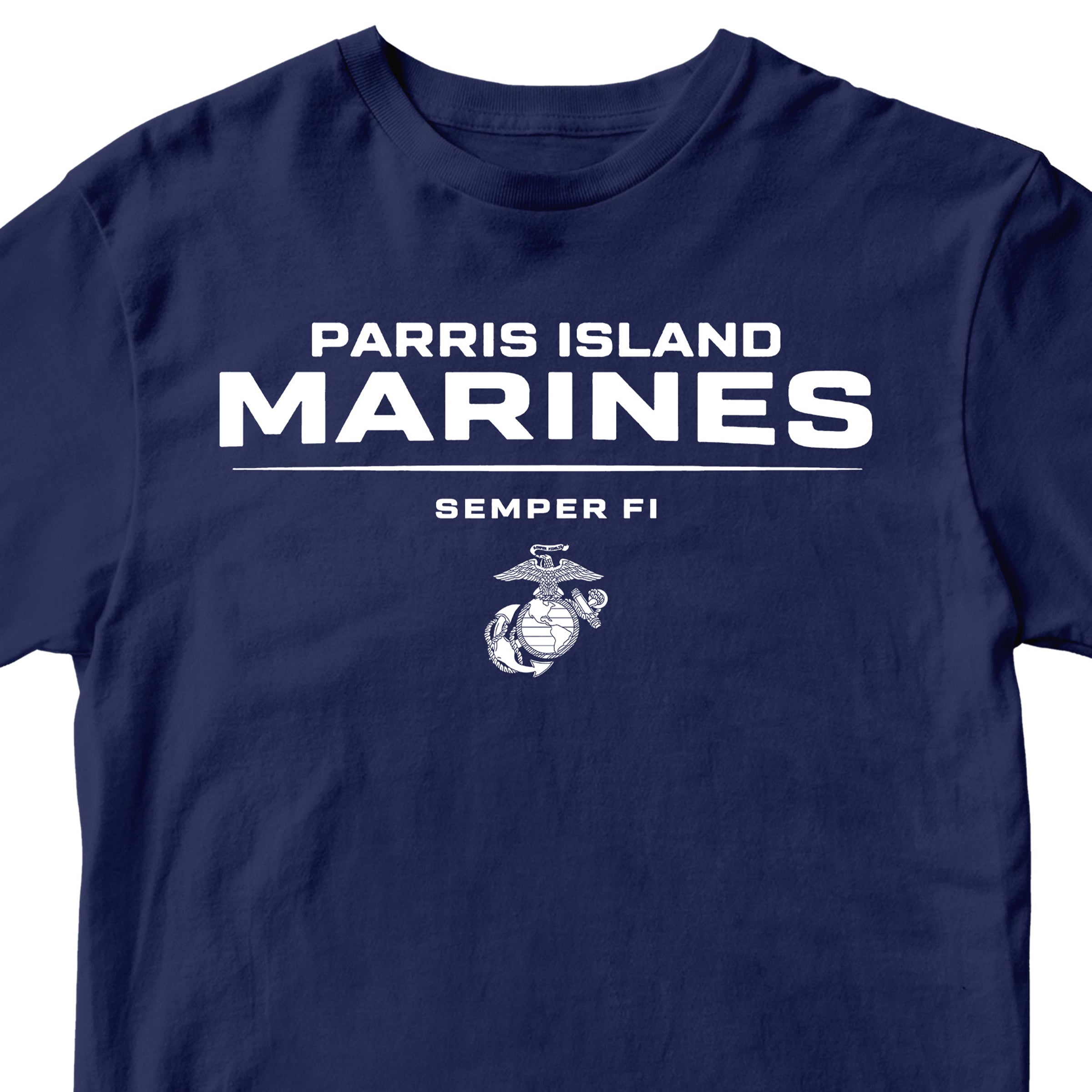 Navy Blue Parris Island Marines T-shirt with Eagle Globe and Anchor Marine Corps design. United States Marine Corps  Parris Island Tee