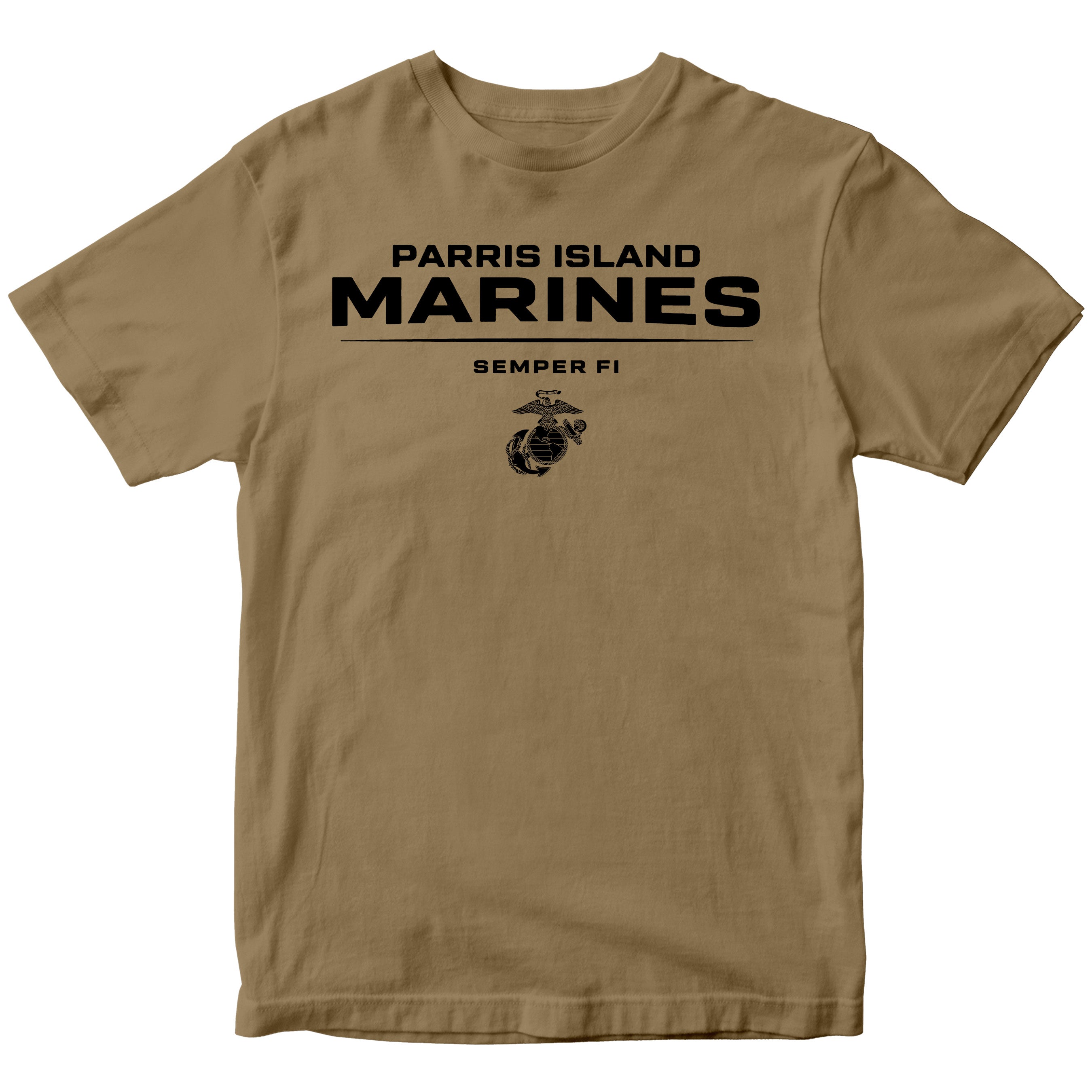 Brown Parris Island Marines T-shirt with Eagle Globe and Anchor Marine Corps design. United States Marine Corps  Parris Island Tee